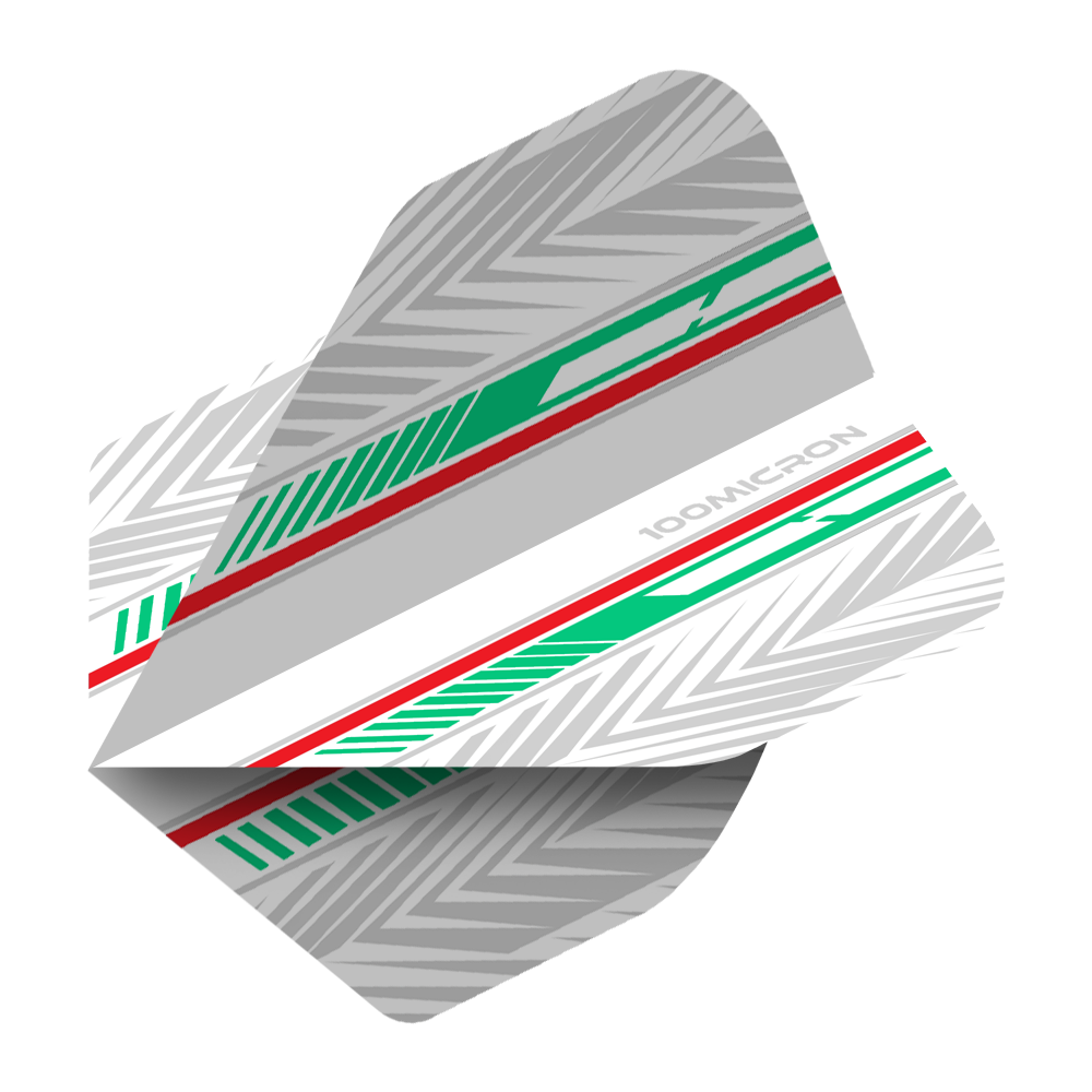 Pentathlon Flights white/green/red Das Bild zeigt ein Dart-Flight mit einem Muster aus weißen, grünen und roten Linien. Auf dem Flight steht die Aufschrift „100 MICRON“.