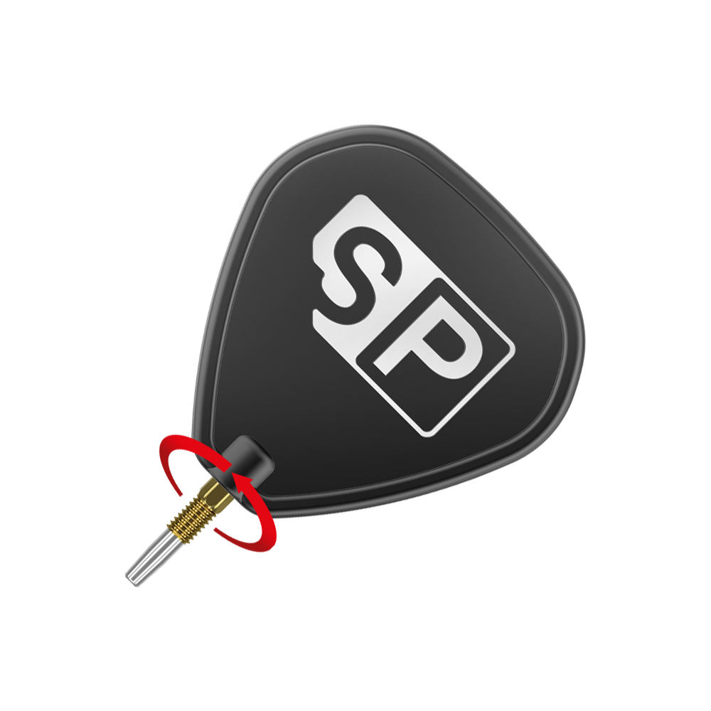 Target Swiss Point Nano Dart Tips - Gold Das Bild zeigt eine schwarze Dart-Flight mit der weißen Aufschrift "SP". Unten ist eine goldfarbene Dartspitze mit silberner Spitze zu sehen.