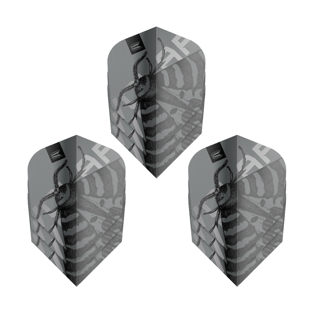 Target Pro Ultra Volar Ten-X Flights - 3 sets Das Bild zeigt drei Sets der Target Pro Ultra Volar Ten-X Flights. Die Flights haben ein auffälliges, schwarz-graues Design mit einem Insektenmotiv.