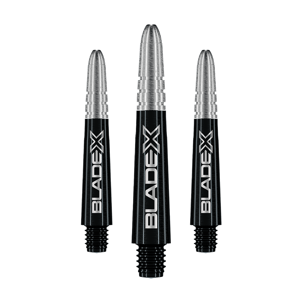 Winmau Vecta Blade X Shafts - Black Gezeigt wird ein Set schwarzer Dartshafts mit der Bezeichnung Winmau Vecta Blade X, 34 mm. Das Set ist für Dartspieler geeignet.