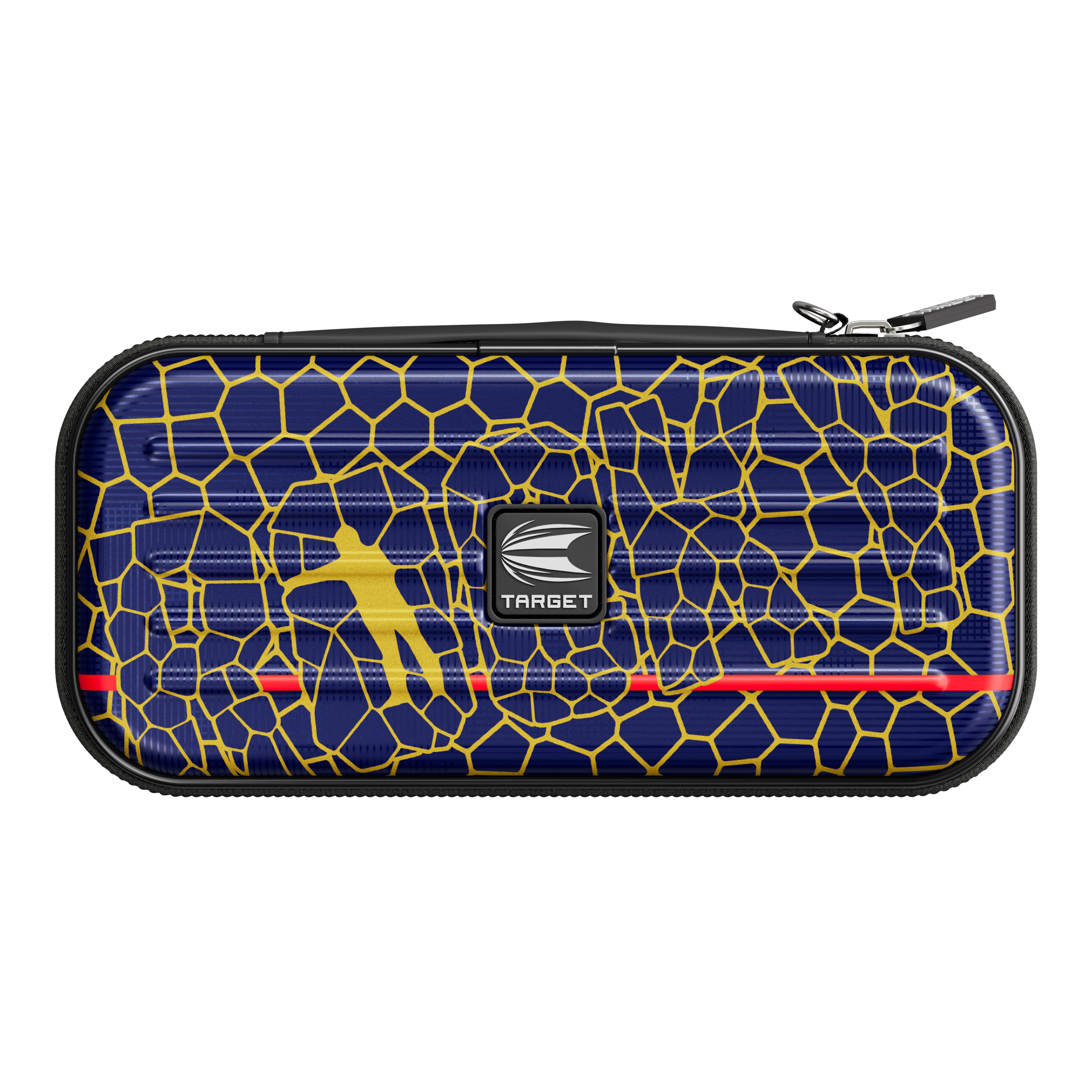 Target Takoma Josh Rock dart case Das Bild zeigt ein Dartcase namens "Target Takoma Josh Rock Dartcase". Das Etui hat ein blaues Muster mit gelben Linien und einem gelben Dartspieler sowie dem Target-Logo in der Mitte.