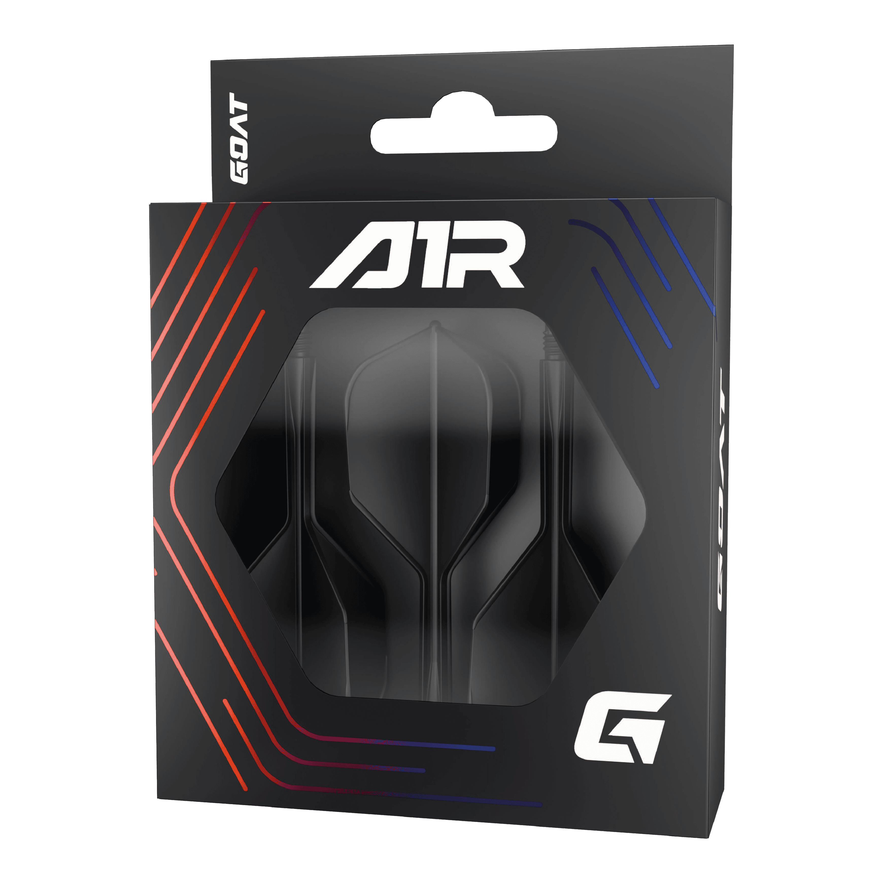 GOAT A1R No6 Flight Shaft System - Black Die Abbildung zeigt die Verpackung des Produkts „GOAT A1R No6 Flight-Shaft-System - Schwarz“. In der schwarzen Schachtel sind Flights und Shafts für Dartpfeile sichtbar.