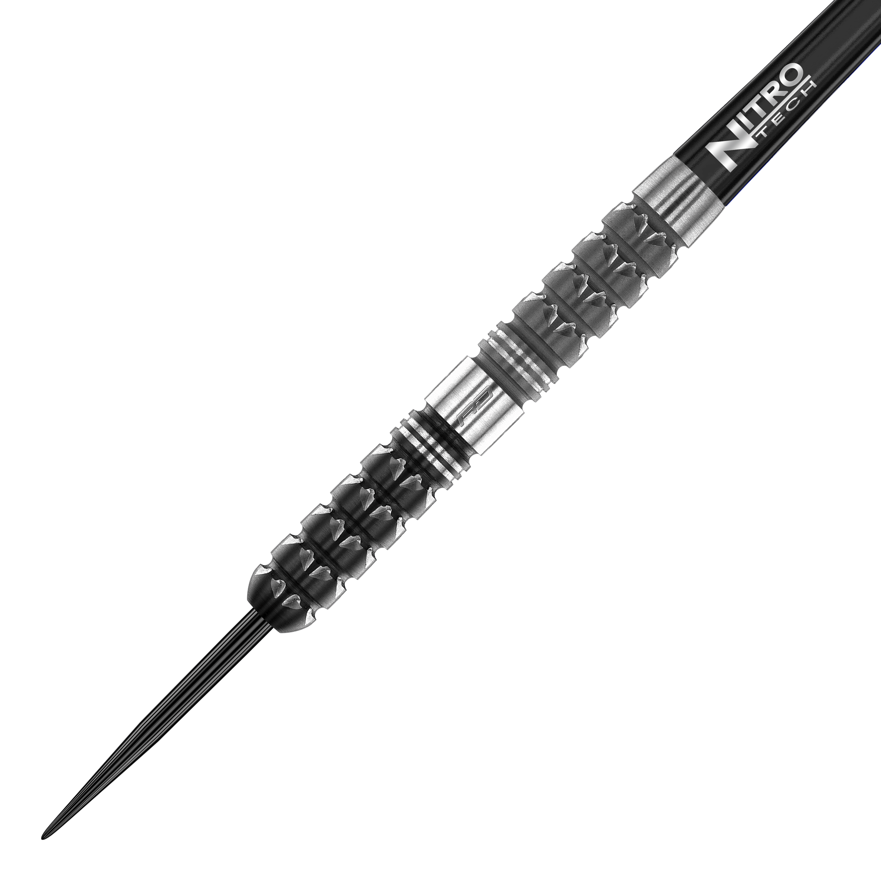 Red Dragon Paradym Tapered Steel Darts Auf dem Bild ist ein Red Dragon Paradym Tapered Steeldart zu sehen. Der Dart hat ein schwarz-silbernes, strukturiertes Griffstück und eine spitze Metallspitze.