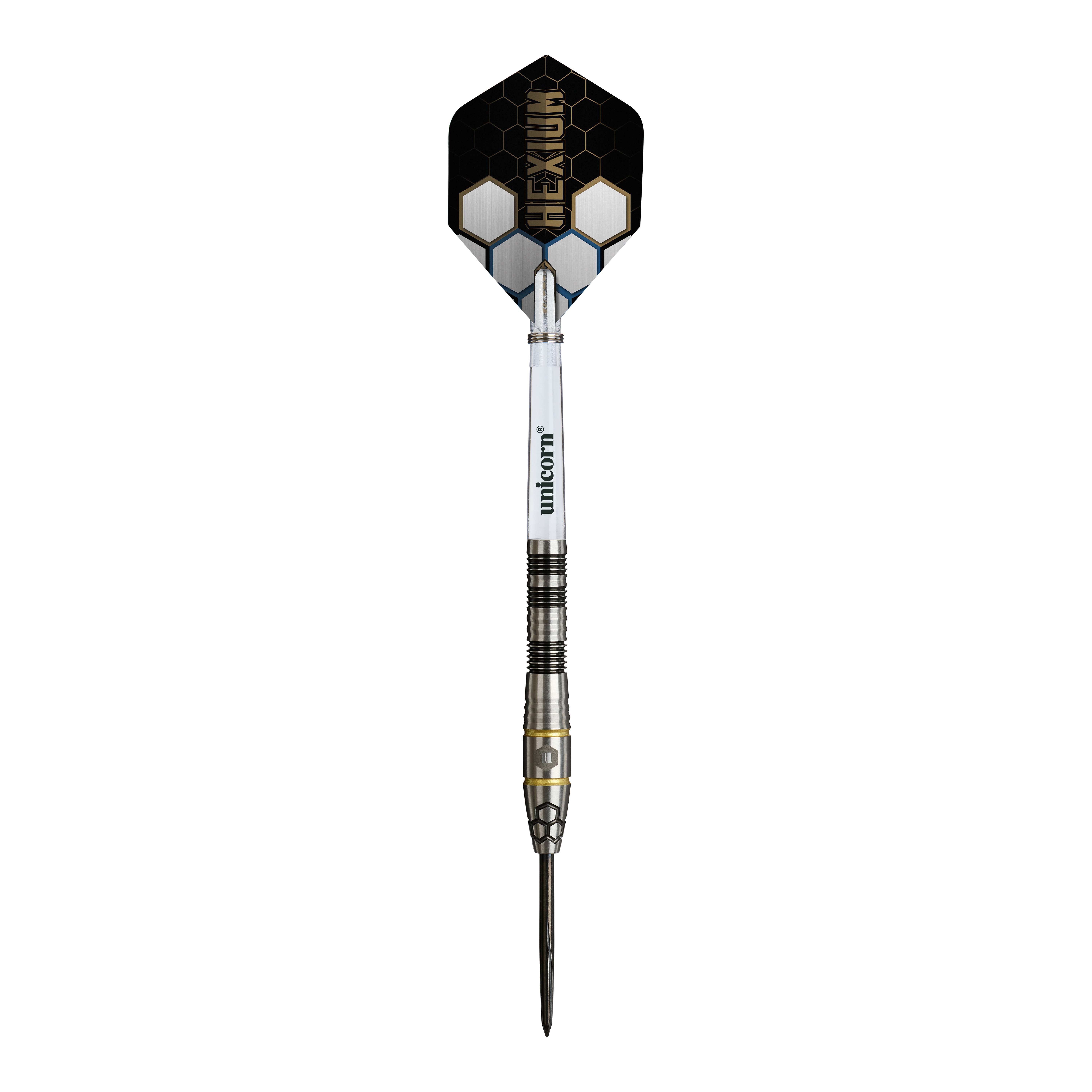 Dieses Bild zeigt die Unicorn Hexium Style 01 Black & Gold Steeldarts. Die Steeldarts sind in den Farben Schwarz und Gold gestaltet.