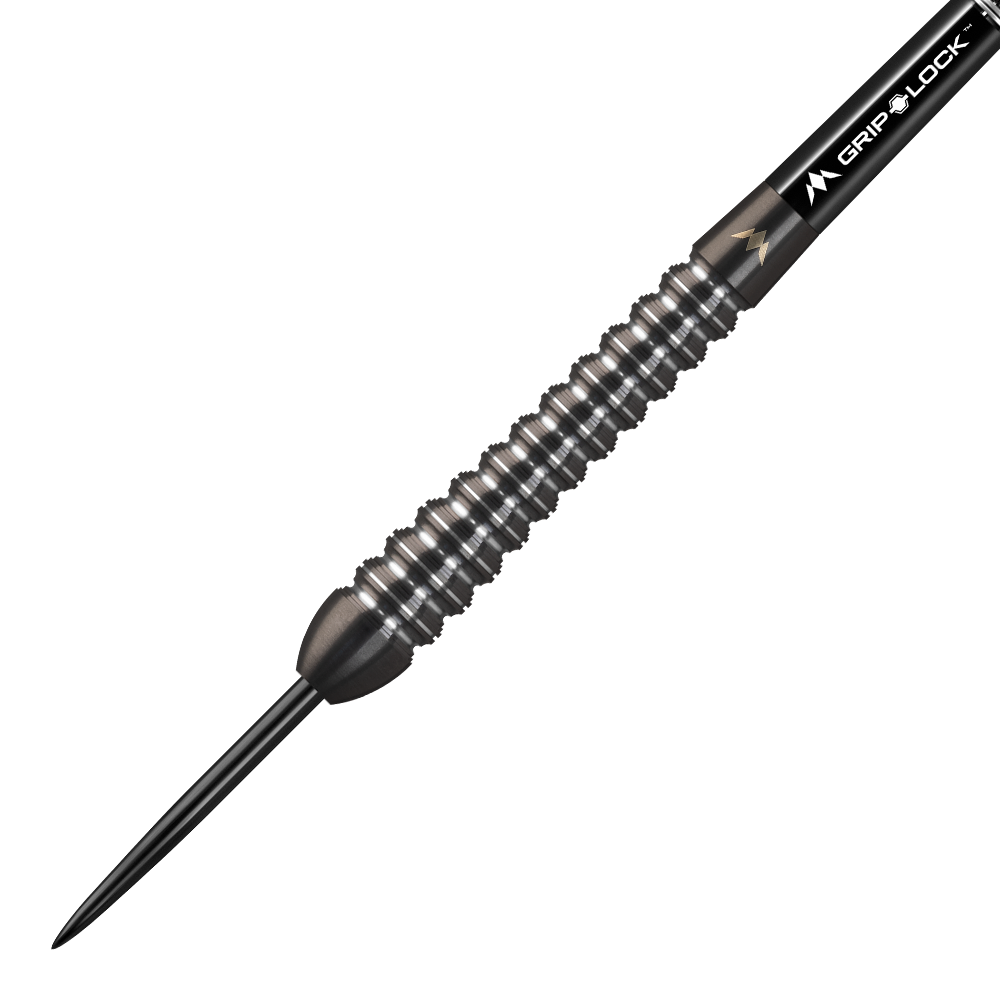 Dies ist ein Mission Spiro Model 2 Steeldart mit einem Gewicht von 22 Gramm. Der Dart hat ein silbernes, gerilltes Barrel und eine schwarze Grip-Lock-Schäfte.