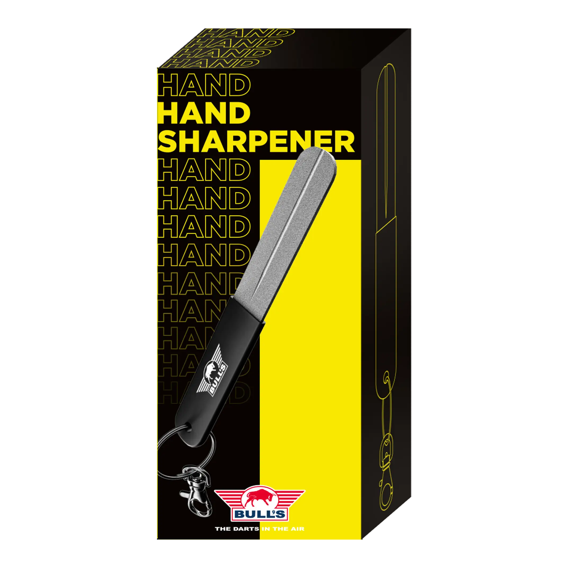 Bulls NL Hand Sharpener Sharpening Stone Hier sieht man den Bulls NL Hand Sharpener Schleifstein, geeignet zum Nachschärfen von Darts. Das Produkt wird aus einer weiteren Ansicht präsentiert.