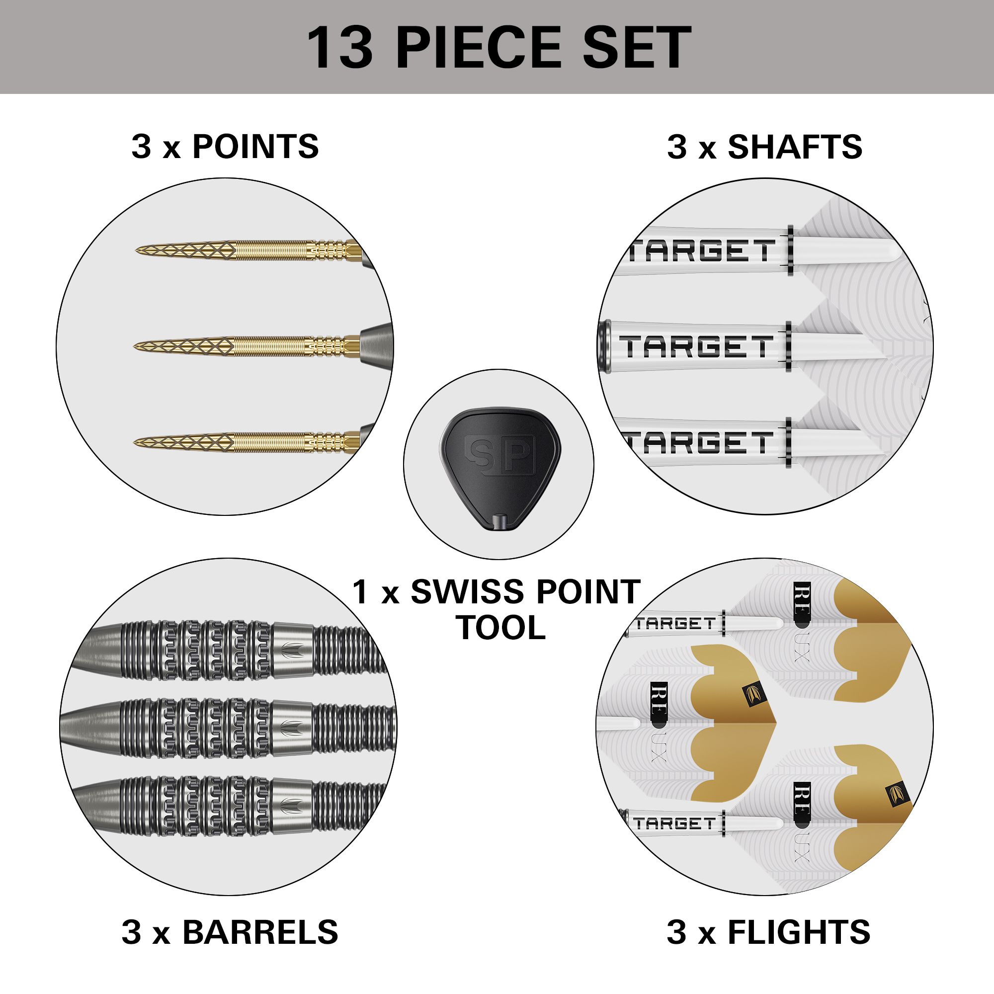 Target Redux 02 Swiss Point steel darts Zu sehen sind die Target Redux 02 Swiss Point Steeldarts. Diese Darts sind ideal für ambitionierte Dartspieler.