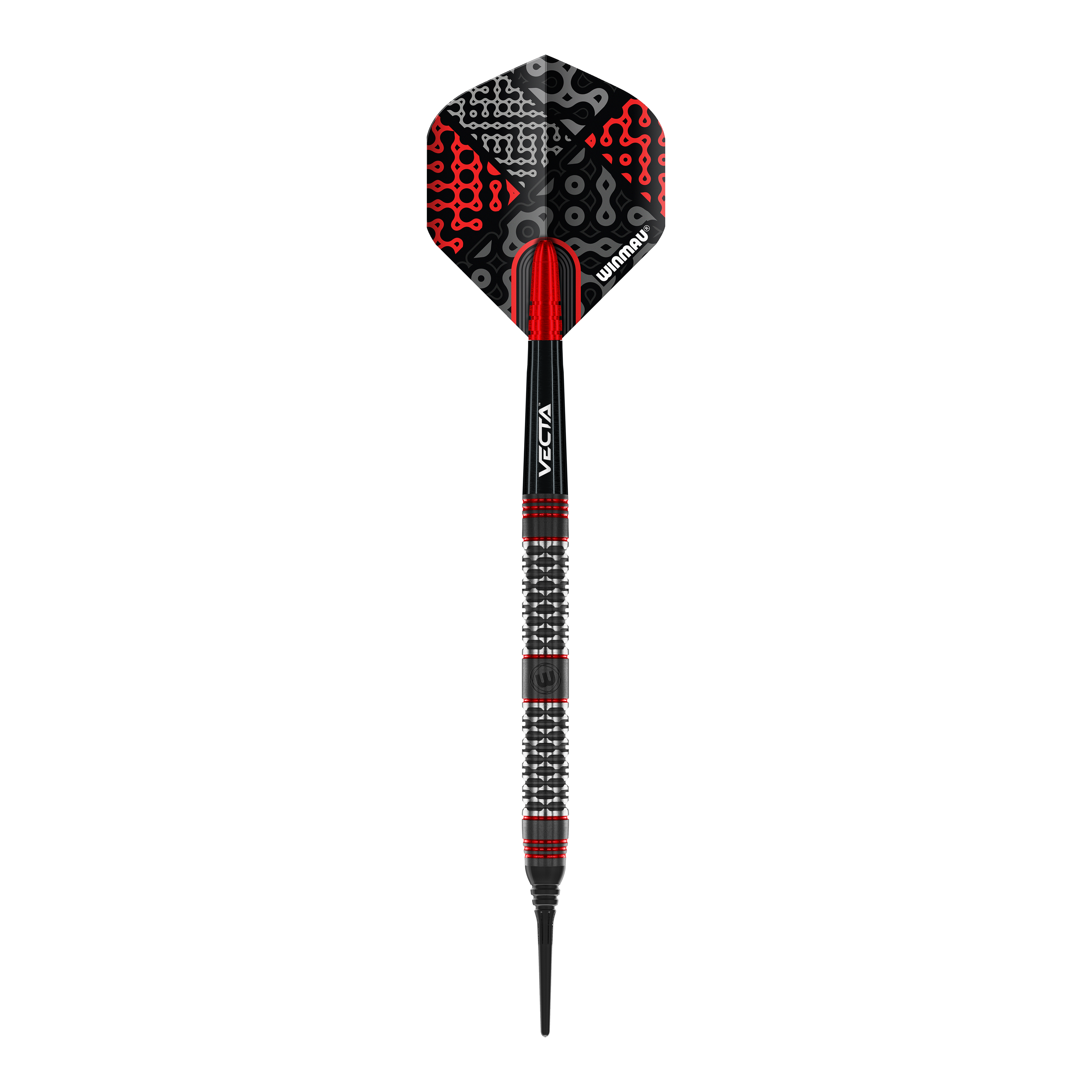 Winmau Cypher Softdarts - 20g Das Bild zeigt einen Winmau Cypher Softdart mit einem Gewicht von 20 Gramm. Der Dart hat ein modernes Design in Schwarz, Rot und Silber.