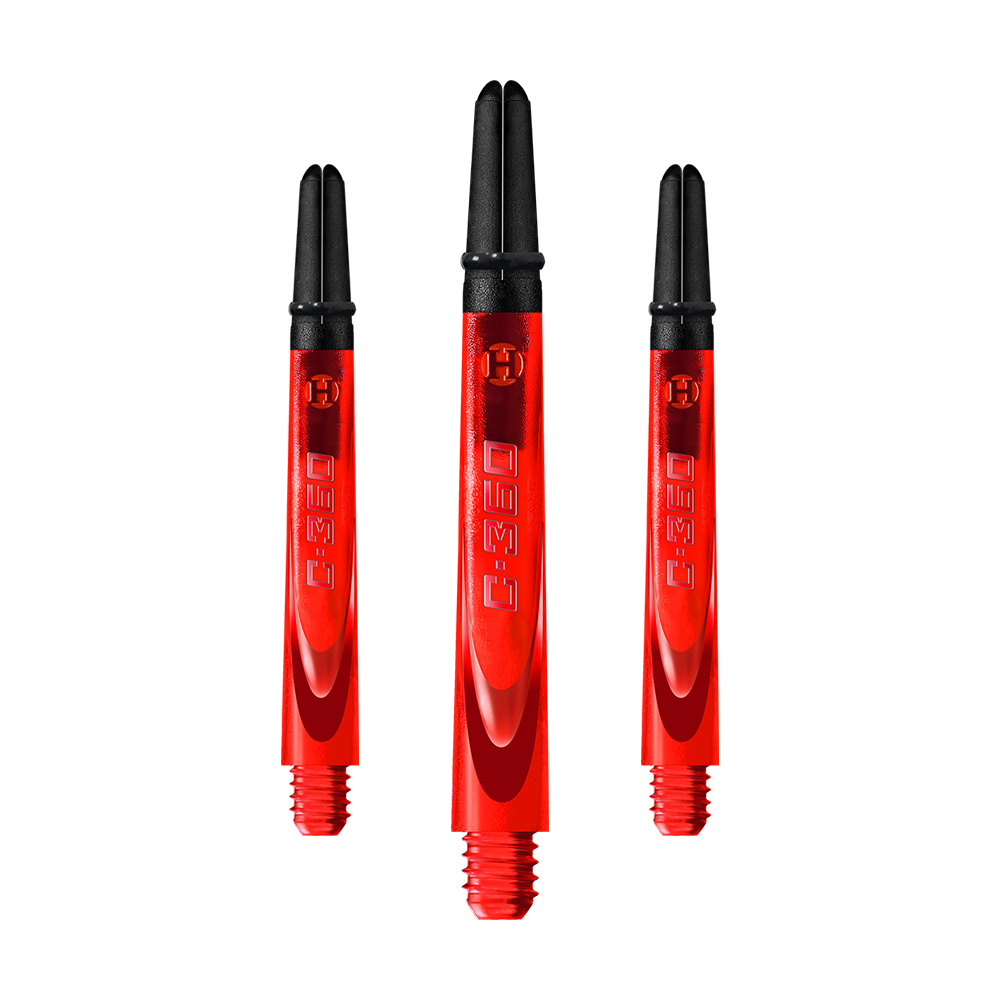HR457_Harrows_Carbon_360_Shafts_Rot_49mm_1ad6hFLzXewFDv Das Bild zeigt drei rote Dartschäfte mit schwarzem oberen Ende. Auf den Schäften steht die Aufschrift "C-360".