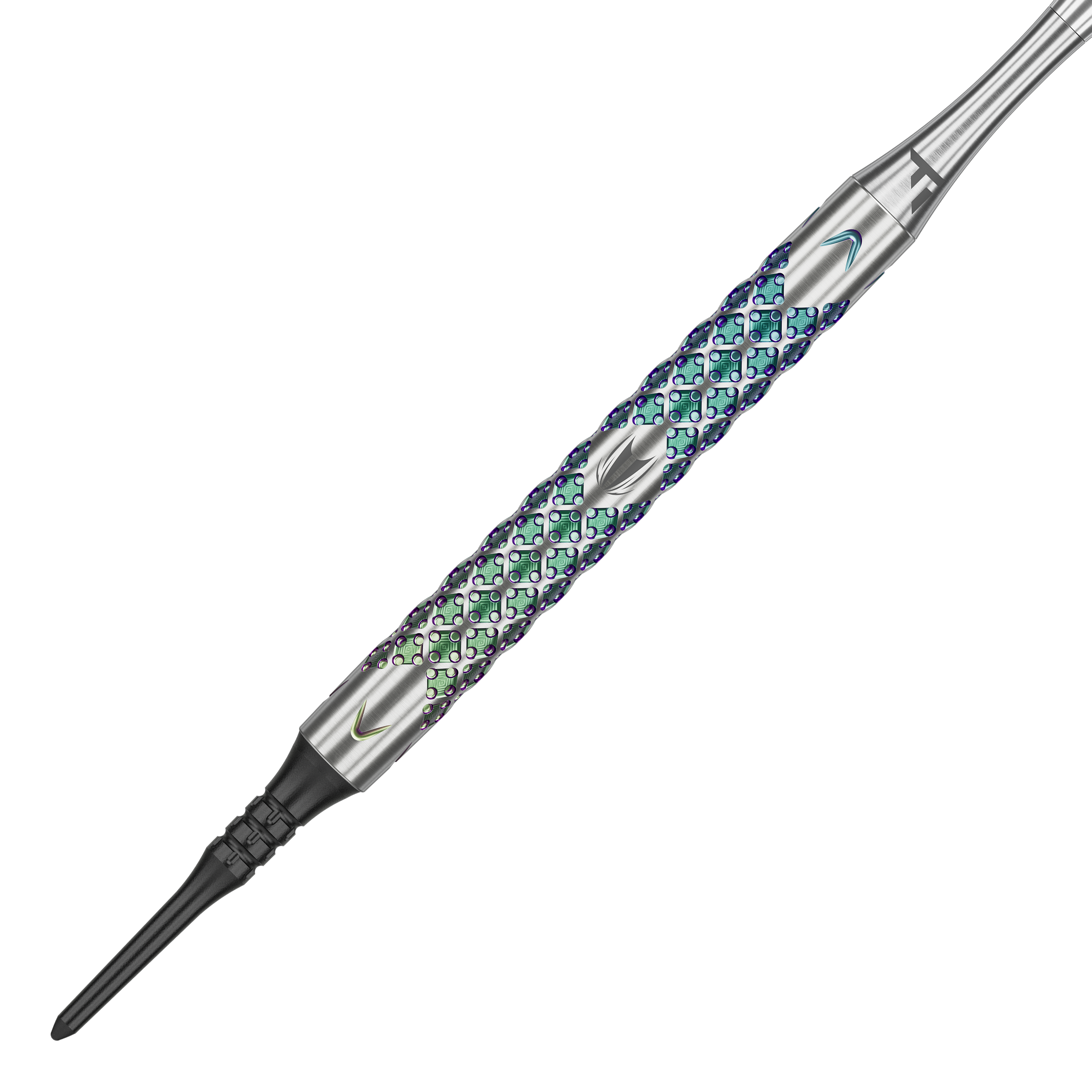 Target Rove 10 Soft Darts Das Bild zeigt einen Target Rove 10 Softdart mit einem metallischen, bunt schimmernden Griff. Das Design weist eine strukturierte Oberfläche mit feinen Mustern auf.