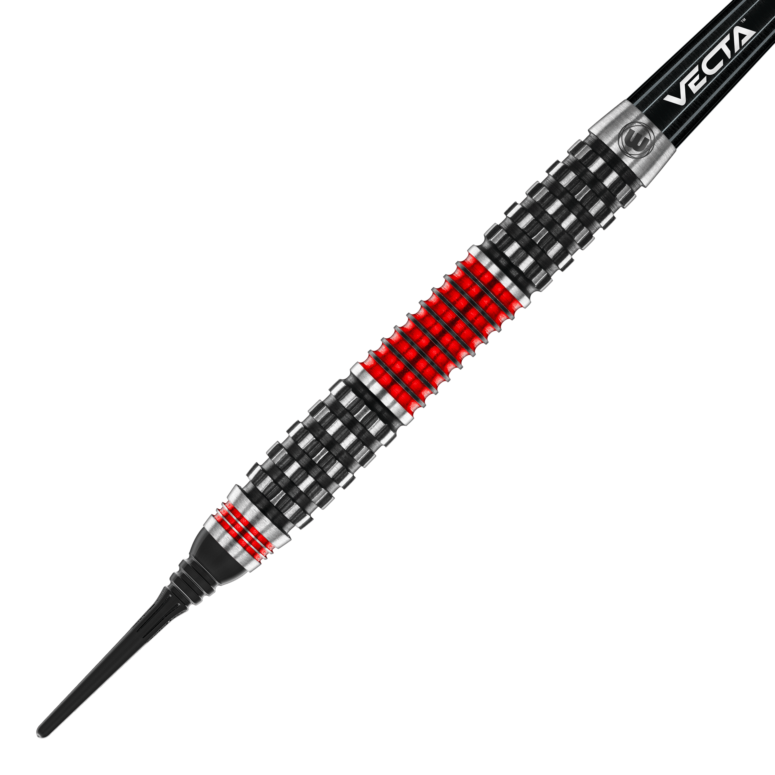 Winmau Joe Cullen Rockstar Series RS1 Soft Darts - 20g Dies ist ein Softdart aus der Winmau Joe Cullen Rockstar Series RS1 mit einem Gewicht von 20g. Der Dart hat ein auffälliges Design mit schwarzen, silbernen und roten Ringen am Barrel.