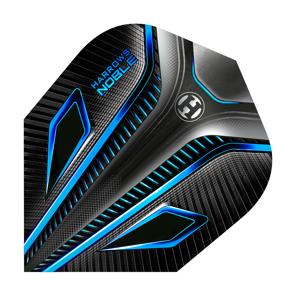 HR7_Harrows_Noble_Aqua_Standard_Flights_1Ndi68Ho78sdhP Das Bild zeigt das Produkt "Harrows Noble Aqua Standard Flights" in einem modernen Design. Die Flights sind überwiegend schwarz mit blauen und silbernen Akzenten.