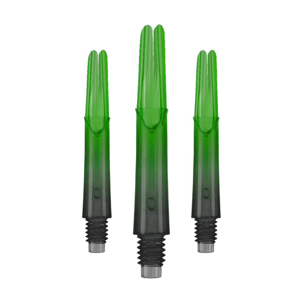L-L-Style-Shaft Locked Straight Natural9 TwoTone Shafts - Grün Das Bild zeigt drei grüne, transparente Dartschäfte mit Gewinde am unteren Ende. Die Schäfte sind gerade und haben einen leichten Farbverlauf von grün zu schwarz.