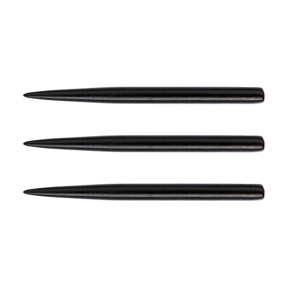 8610Black_Winmau_Standard_Black_Steeldart_Spitzen_32mm_1 Das Bild zeigt drei schwarze Steeldart-Spitzen in einer Reihe. Es handelt sich um das Produkt "Winmau Standard Black Steeldart Spitzen - 32mm".