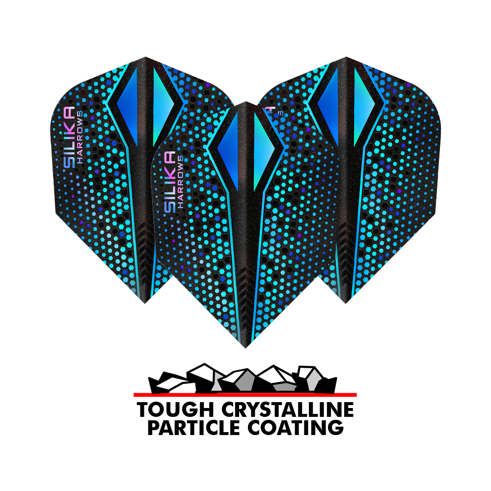 Harrows Silika Colorshift Tough Crystalline Coating Blue-X No6 Flights Das Bild zeigt drei blaue Harrows Silika Colourshift Tough Crystalline Coating Blue-X No6 Flights. Darunter steht der Schriftzug "Tough Crystalline Particle Coating" mit einer Grafik von Kristallteilchen.