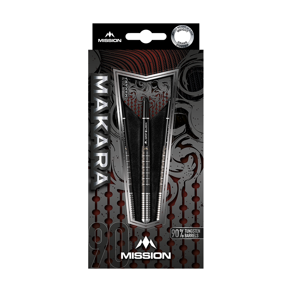 Mission Makara M1 Steeldarts Die Abbildung zeigt die Verpackung der "Mission Makara M1 Steeldarts". Auf der Verpackung steht, dass die Darts 90% Tungsten-Barrels haben.