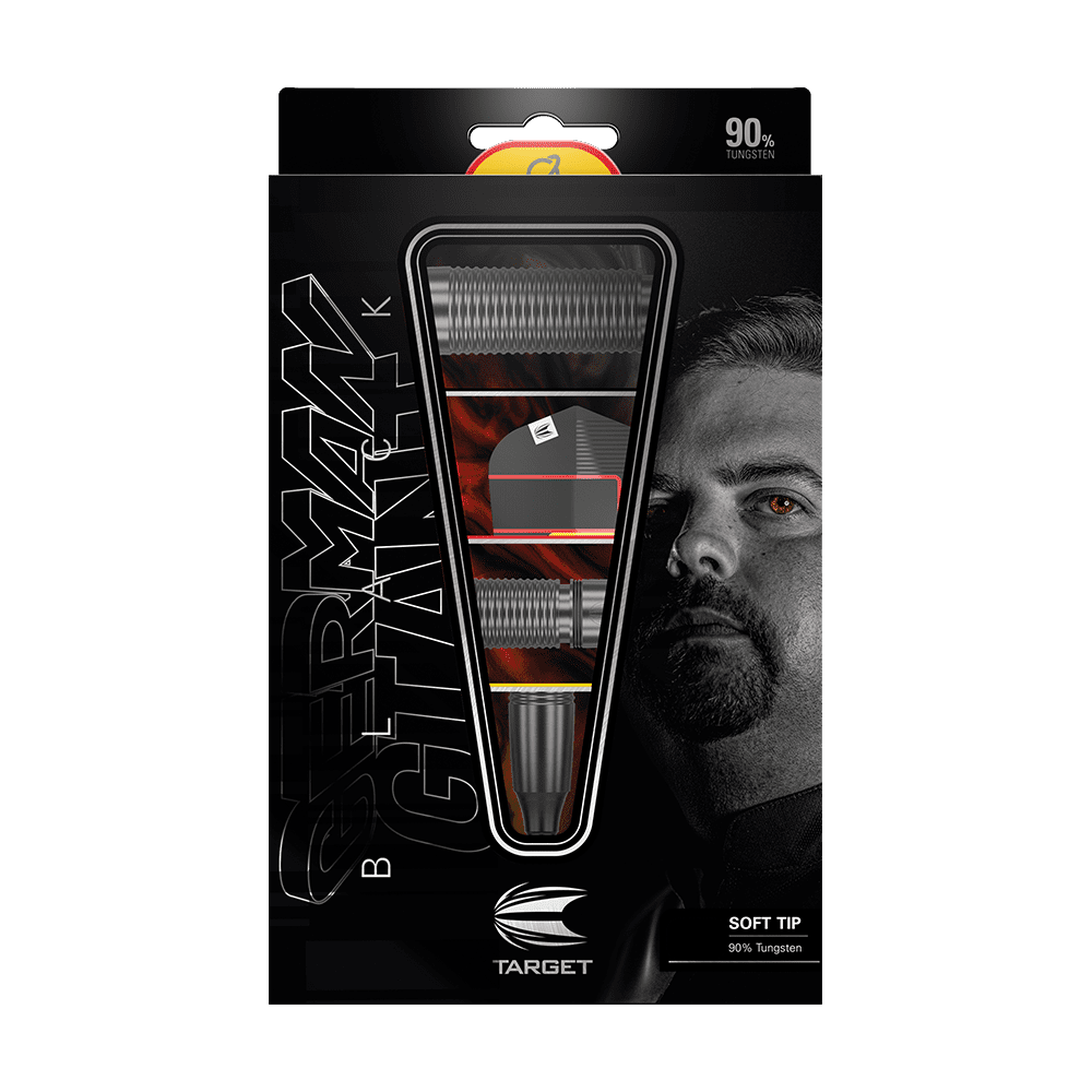 210322_Target_Gabriel_Clemens_Black_Edition_Softdarts_3 Die Verpackung zeigt die Target Gabriel Clemens Black Edition Softdarts mit einem Gewicht von 19g. Auf der Vorderseite ist neben den Darts ein Porträt von Gabriel Clemens zu sehen.