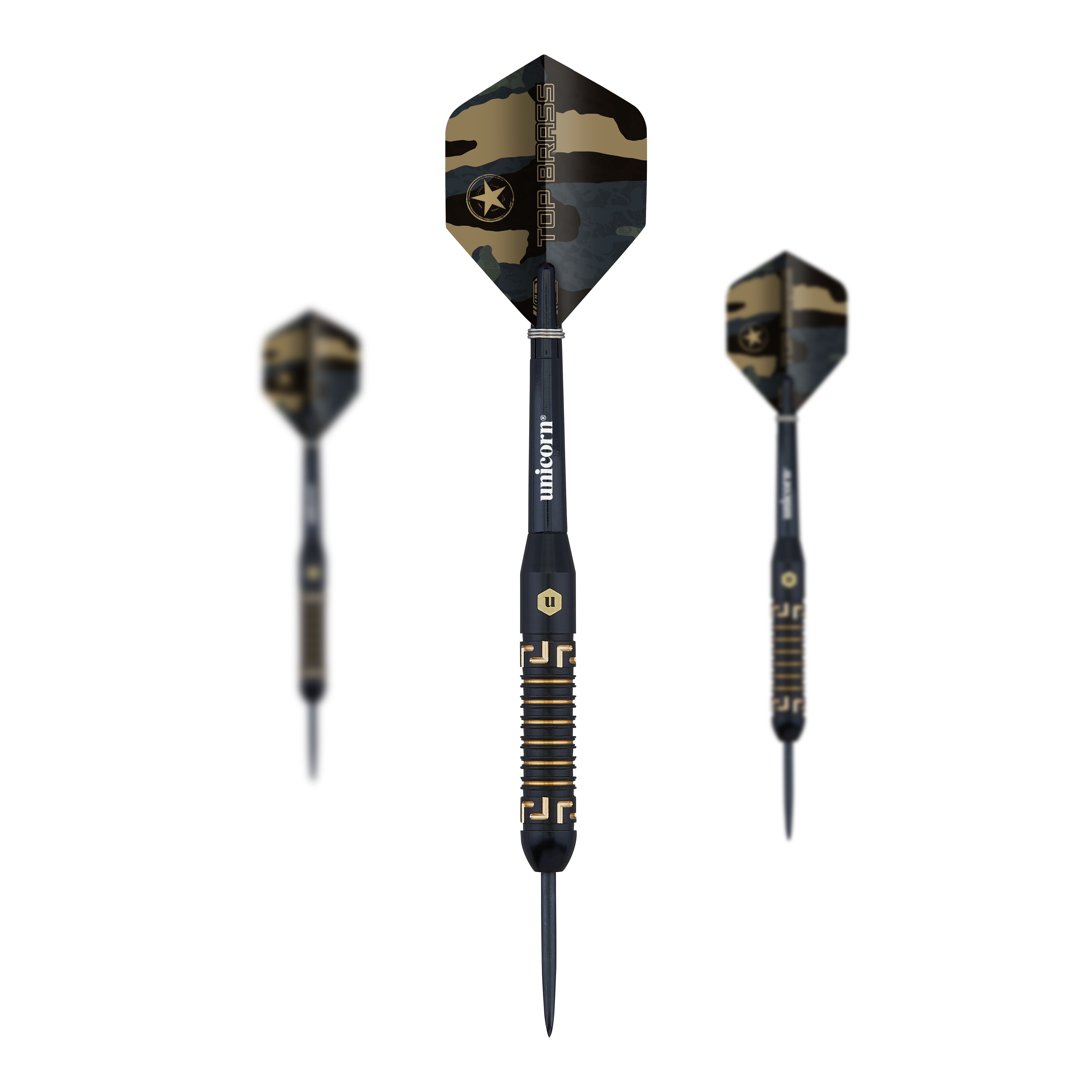 Unicorn Top Brass V1 Steeldarts - 20g Das Bild zeigt drei Steeldarts des Produkts "Unicorn Top Brass V1" mit einem Gewicht von 20g. Die Darts haben ein schwarzes und goldenes Design mit Camouflage-Flights.