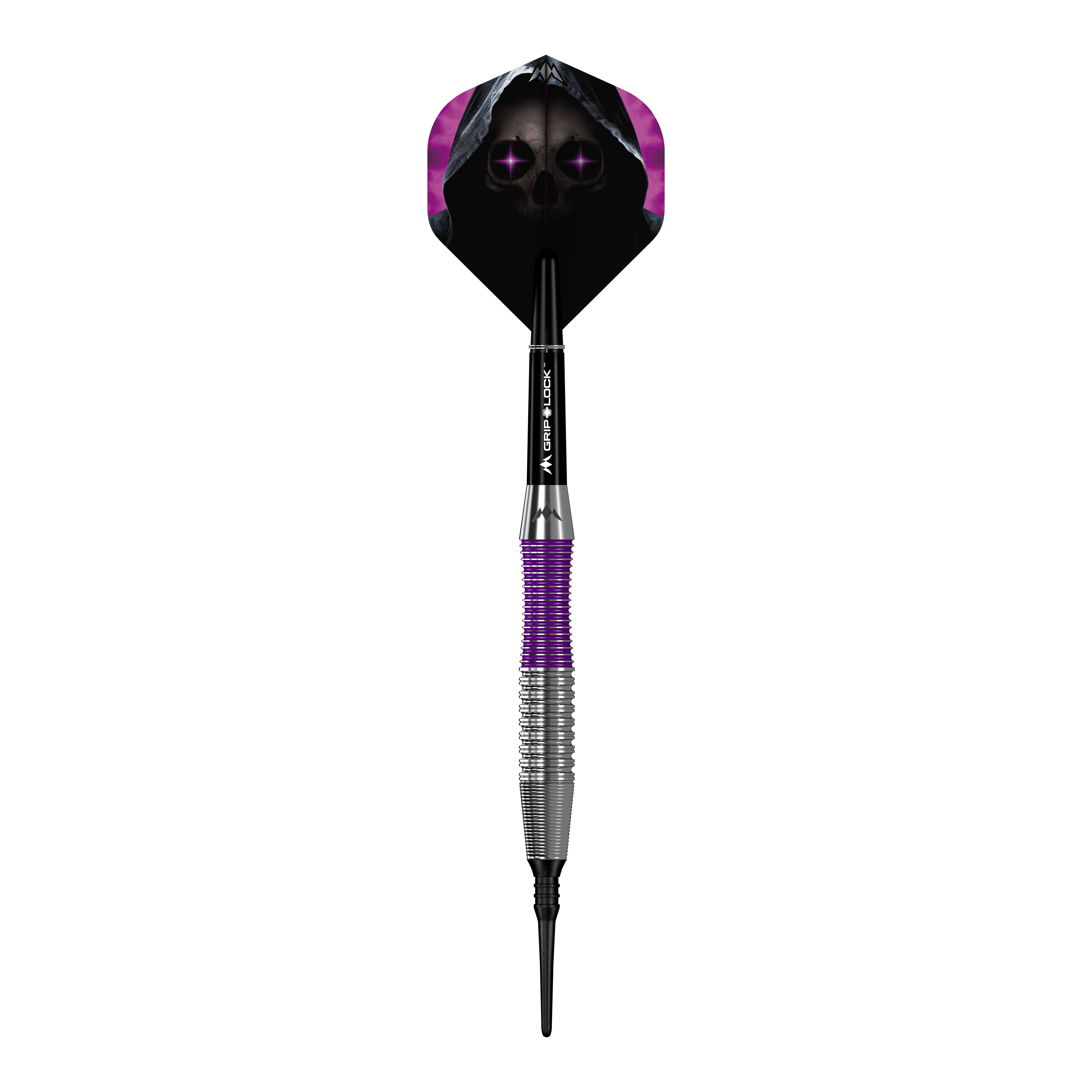 Mission Phantom Brass Soft Darts - 18g Der Mission Phantom Brass Softdart - 18g hat ein markantes Design mit lila und silbernem Griff. Das Dartflight zeigt ein gruseliges Totenkopf-Motiv mit violetten Augen und Kapuze.