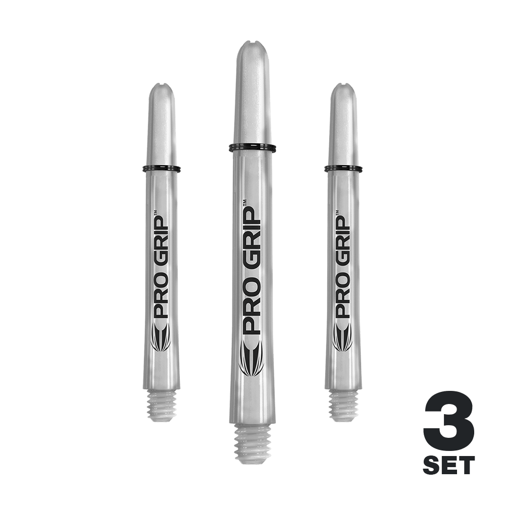 Das Bild zeigt drei transparente "Pro Grip" Shafts für Dartpfeile. In der rechten unteren Ecke steht "3 Set".