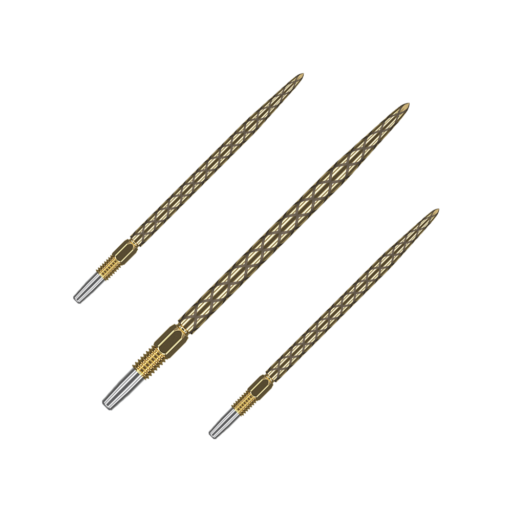 Das Bild zeigt drei goldfarbene Dartspitzen mit einem diamantähnlichen Muster. Die Spitzen sind schlank und haben eine silberne Befestigung am unteren Ende.