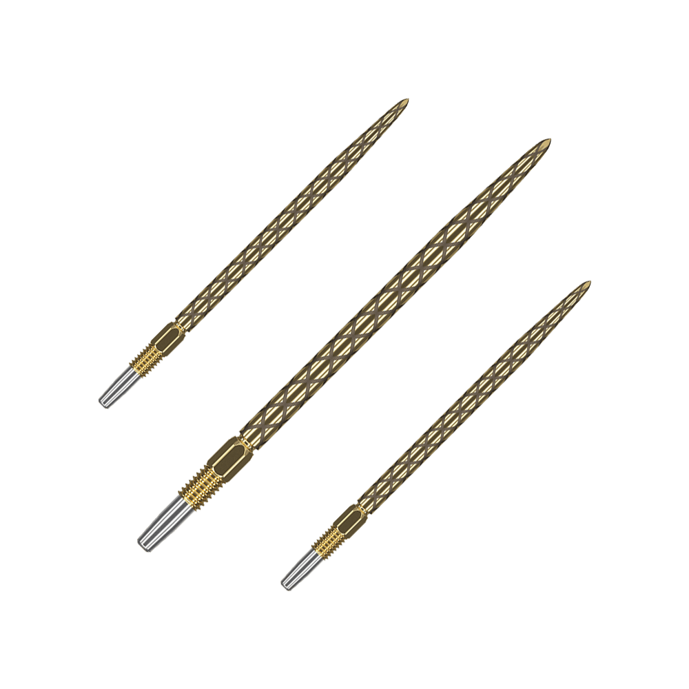 Target Swiss Diamond Pro Gold dart tips Das Bild zeigt drei goldfarbene Dartspitzen mit einem diamantähnlichen Muster. Die Spitzen sind schlank und haben eine silberne Befestigung am unteren Ende.