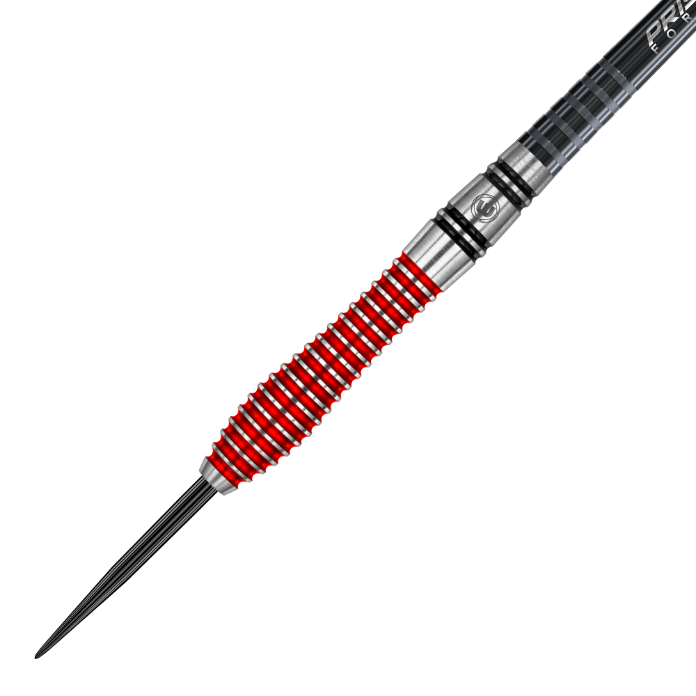 1436_Winmau_Dennis_Priestley_Special_Edition_2019_Steeldarts_2 Auf dem Bild ist ein Winmau Dennis Priestley Special Edition Steeldart zu sehen. Der Dart hat ein silbernes Barrel mit auffälligen roten Rillen.