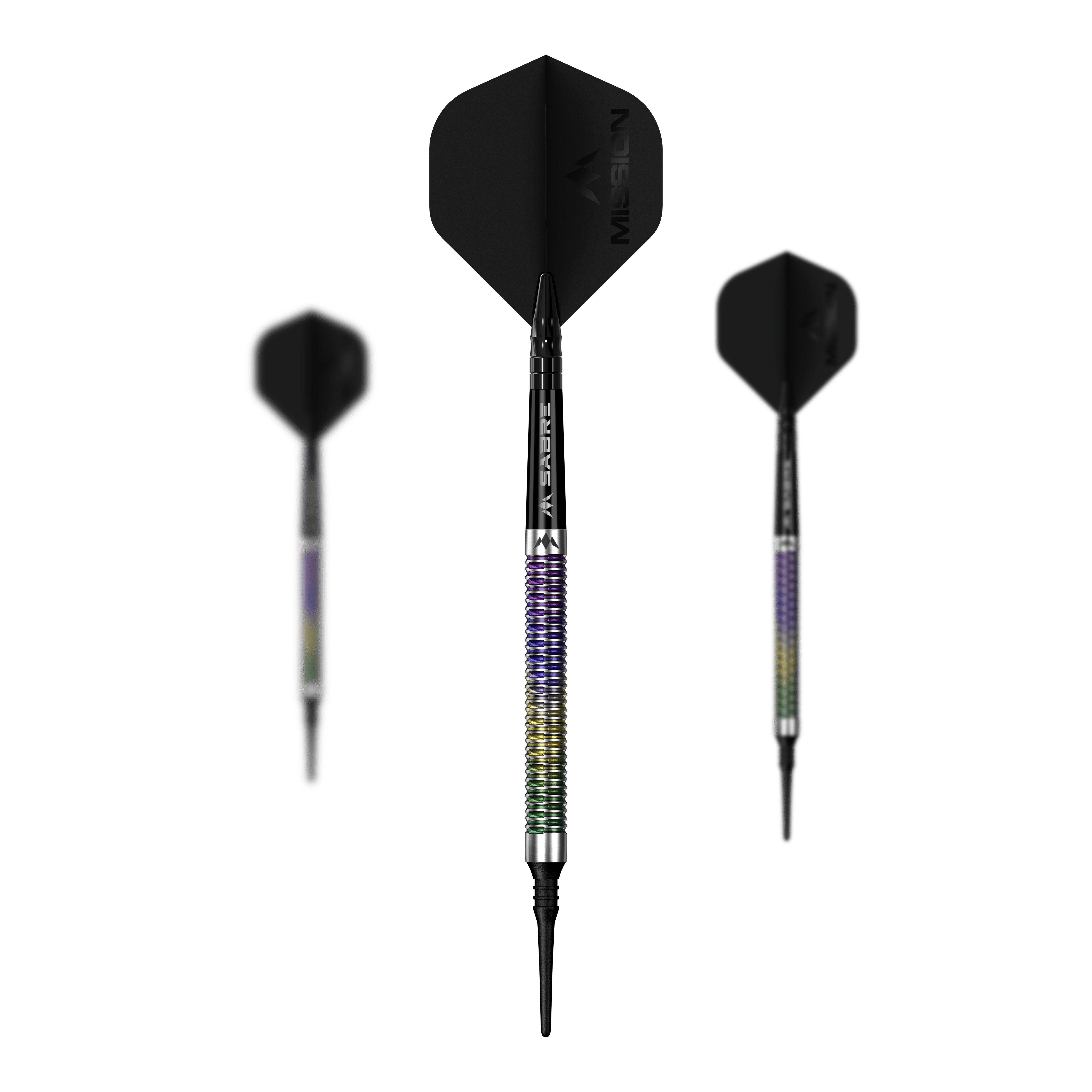 Mission Kaleidos Softdarts - 19g wird als Set auf dem Bild präsentiert. Mehrere Softdarts sind nebeneinander angeordnet.