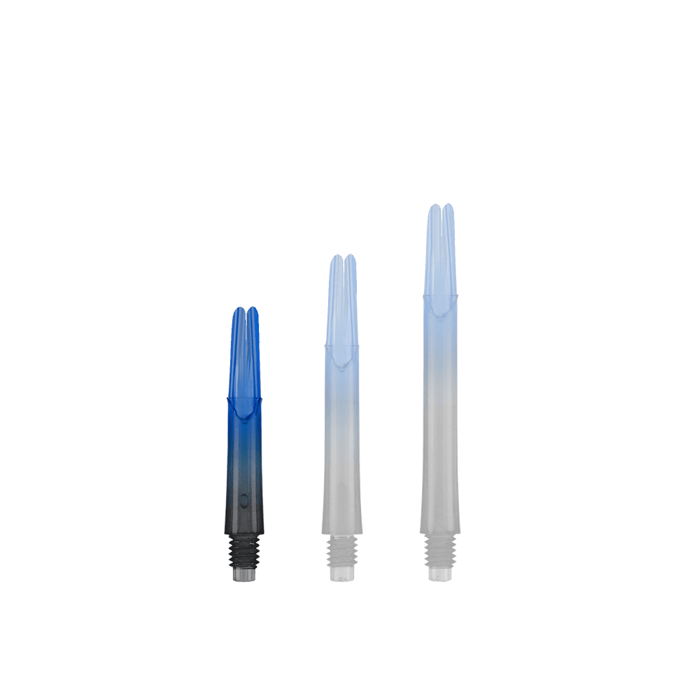 L-L-Style-Shaft Locked Straight Natural9 TwoTone Shafts - Blue Das Bild zeigt drei unterschiedlich lange Dartschäfte in Blau und Schwarz. Sie stehen nebeneinander und haben ein gerades Design ohne Kappen.
