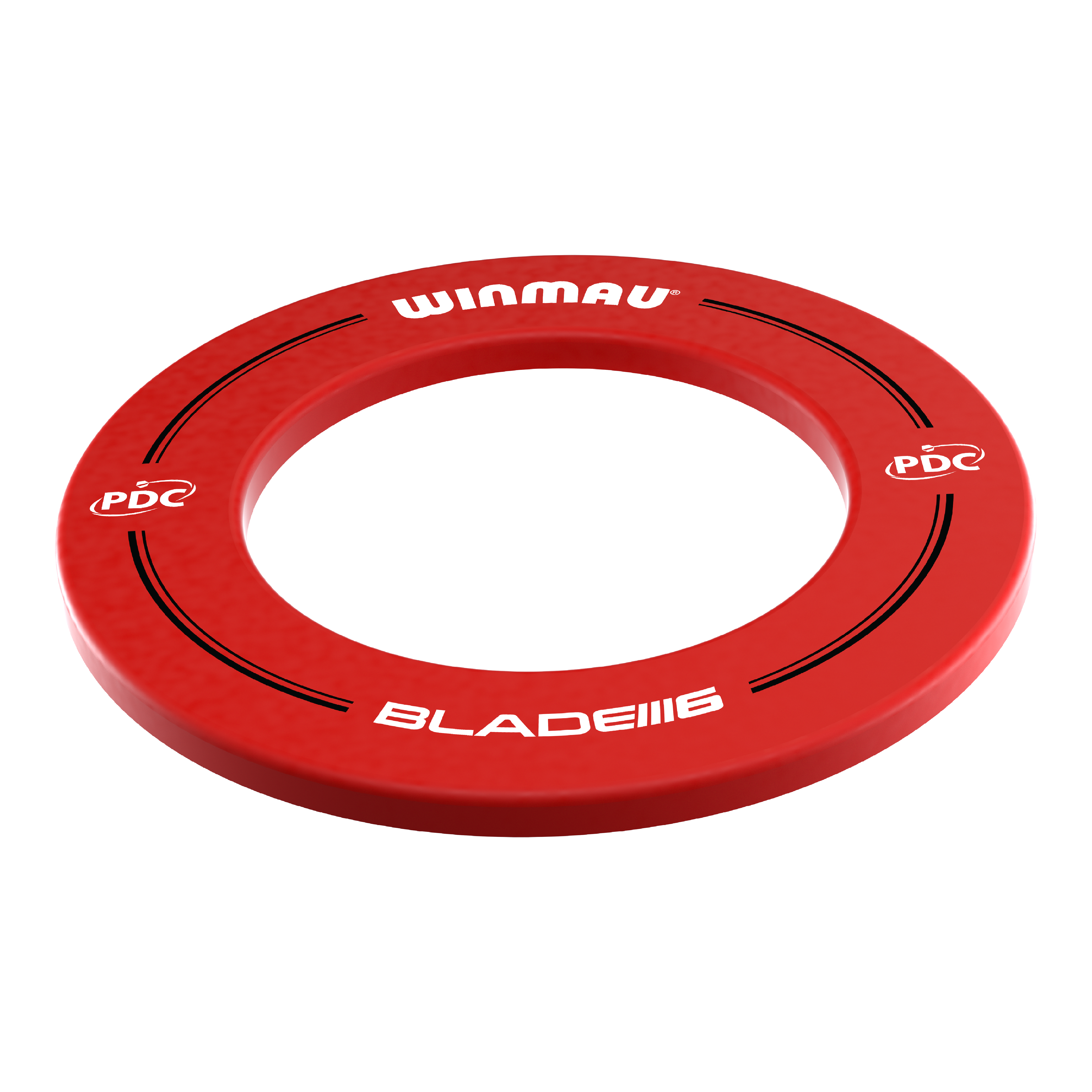 Das Bild zeigt einen roten Dartboard-Surround der Marke Winmau. Auf dem Surround stehen die Aufschriften „WINMAU“, „PDC“ und „BLADE 6“.