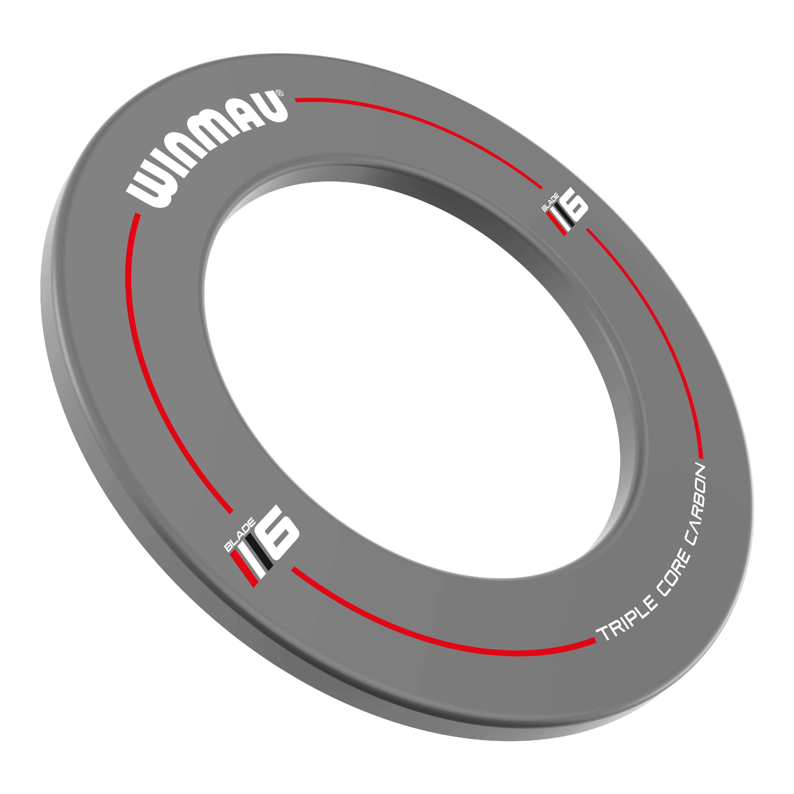 Winmau Blade 6 Design Dartboard Surround - Grau Das Bild zeigt das Winmau Blade 6 Design Dartboard Surround in Grau. Der graue Schutzring ist mit weißen und roten Akzenten sowie Schriftzügen versehen.