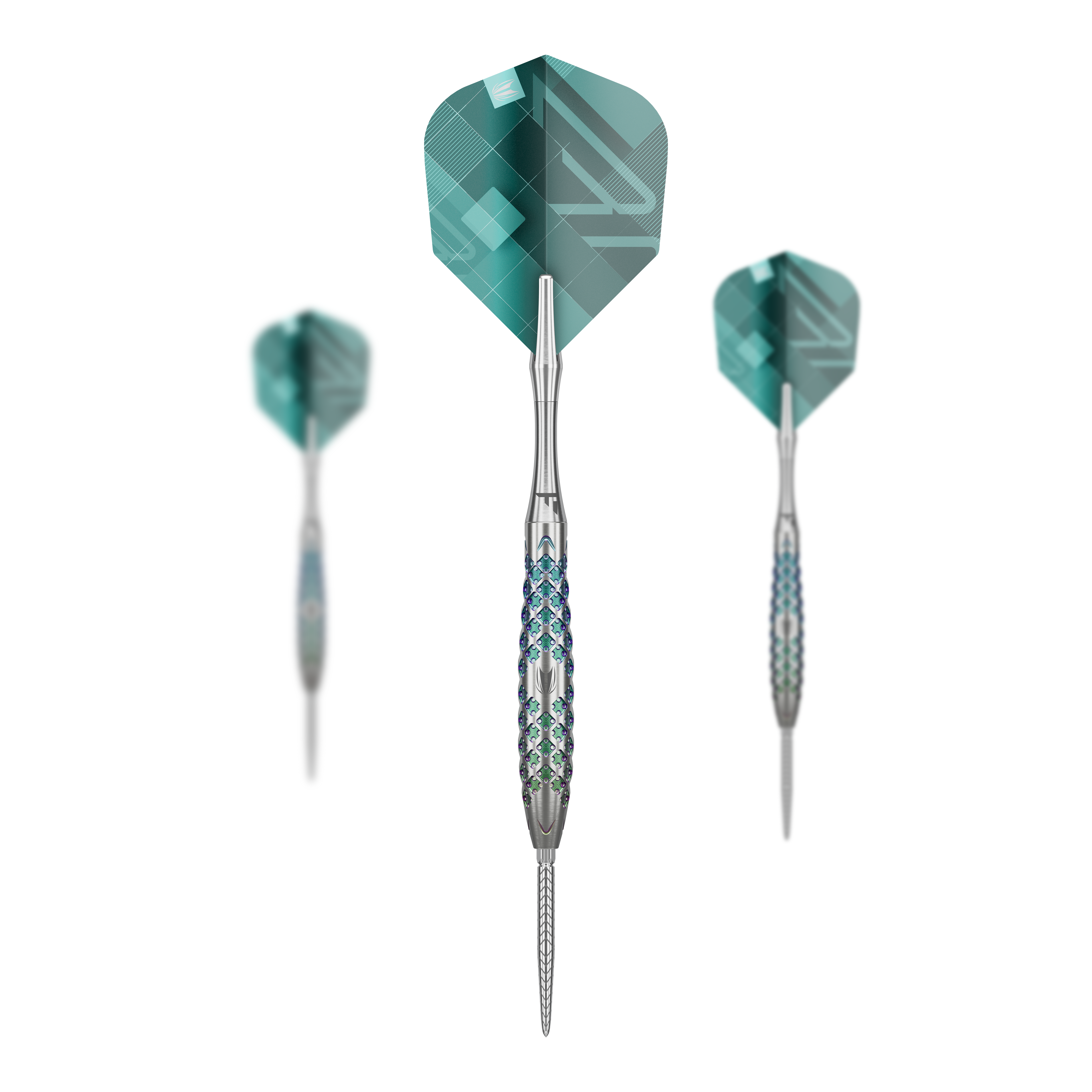 Target Rove 02 Swiss Point steel darts Das Bild zeigt drei Steeldarts des Modells "Target Rove 02 Swiss Point". Die Darts haben silberne Barrels mit blauen Akzenten und grüne Flights mit geometrischem Muster.