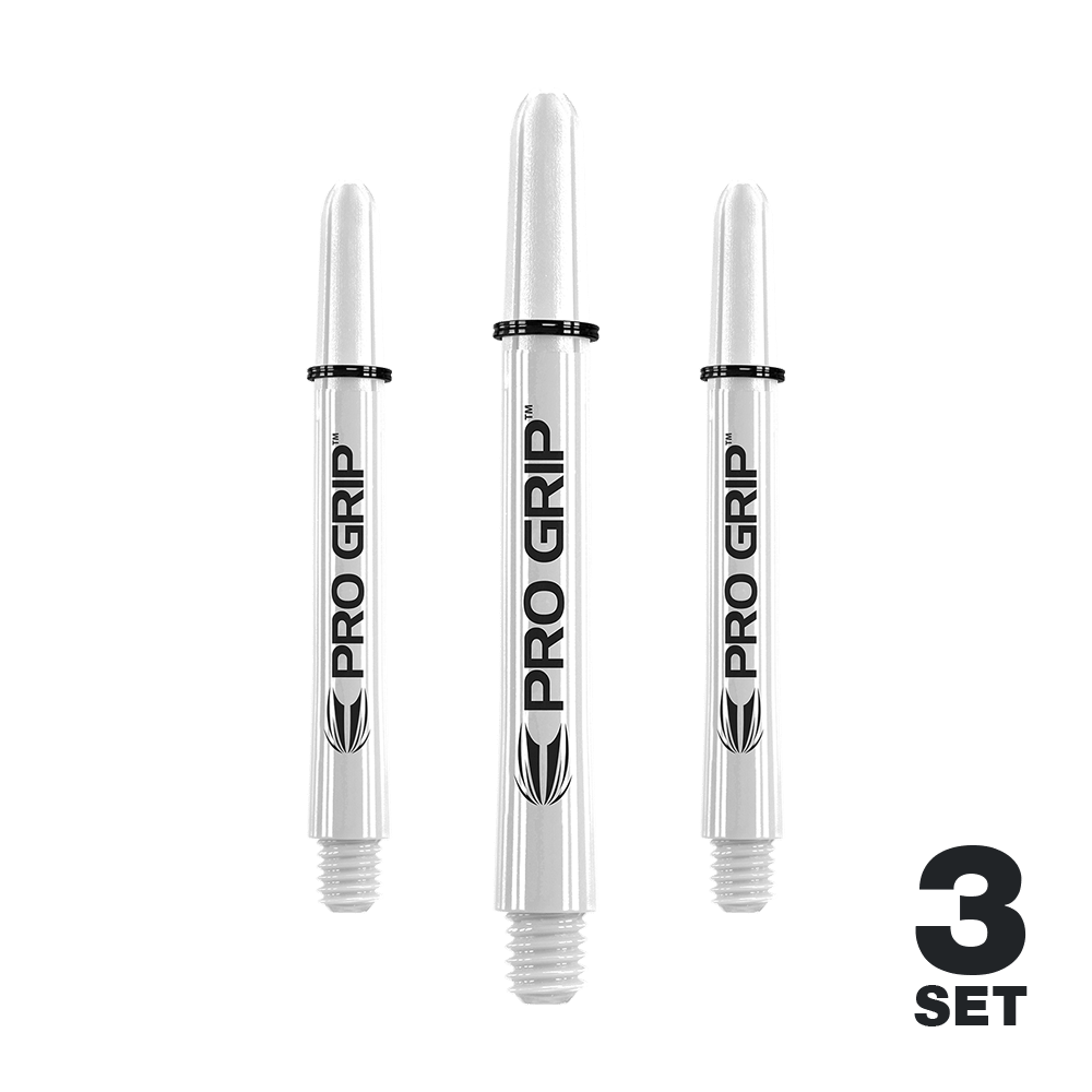 Target Pro Grip Shafts - 3 Sets - White Das Bild zeigt drei weiße Pro Grip Shafts für Darts. Unten rechts steht "3 SET", was auf ein Set mit drei Stück hinweist.
