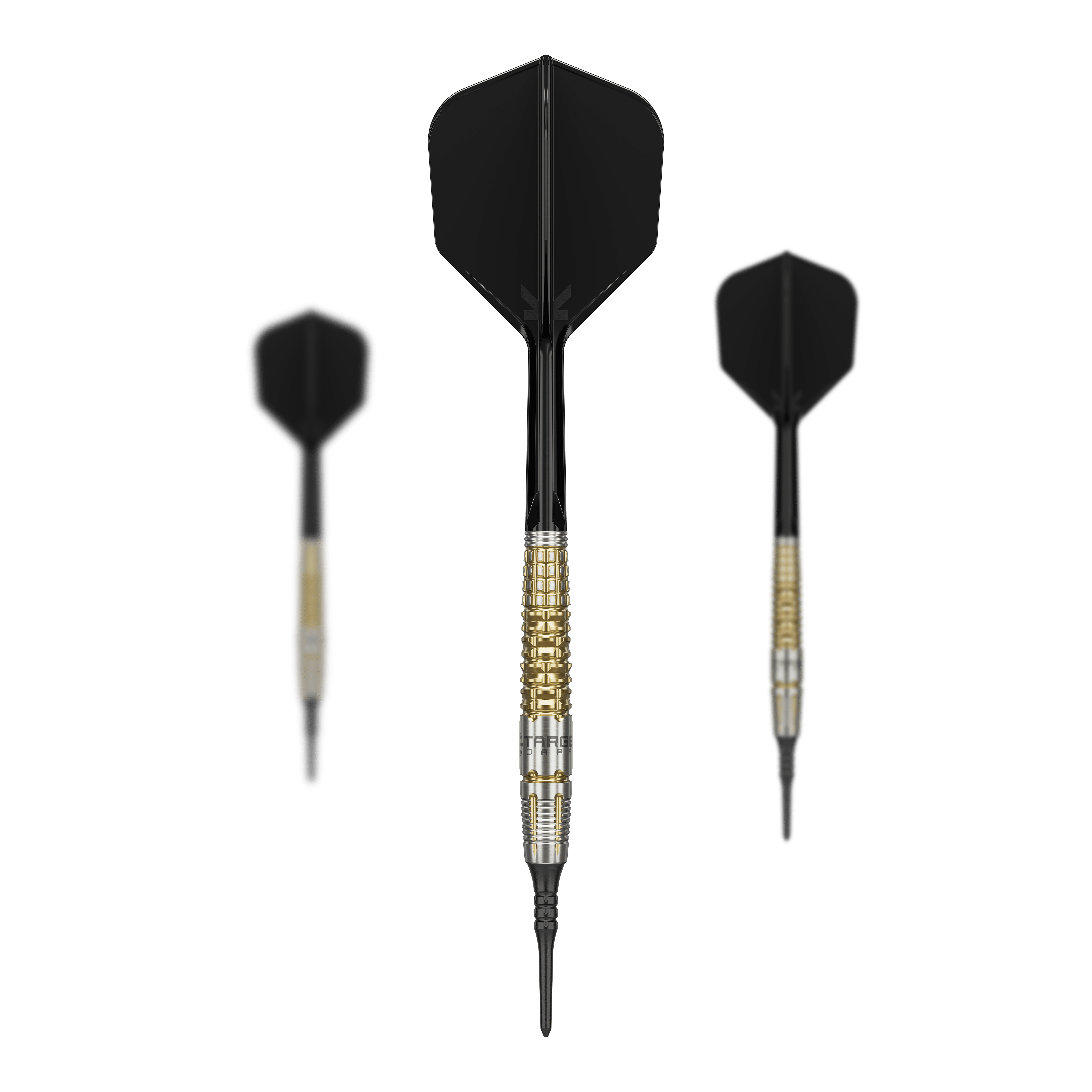 Target Japan Black Marque Warrior Soft Darts - 18.5g Das Bild zeigt drei Softdarts des Produkts "Target Japan Black Marque Warrior" mit einem Gewicht von 18,5 g. Die Darts haben schwarze Flights und gold-silberne Barrels.