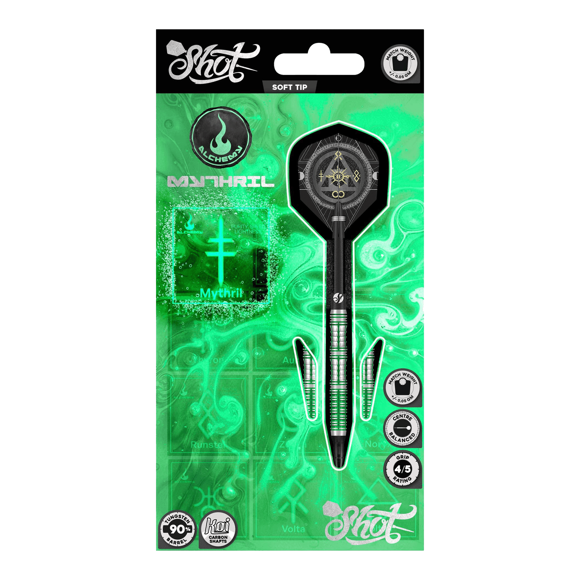 Shot Alchemy Mythril Soft Darts - 20g Das Bild zeigt die Shot Alchemy Mythril Softdarts mit einem Gewicht von 20g. Hier sieht man das Produkt aus einer bestimmten Perspektive.