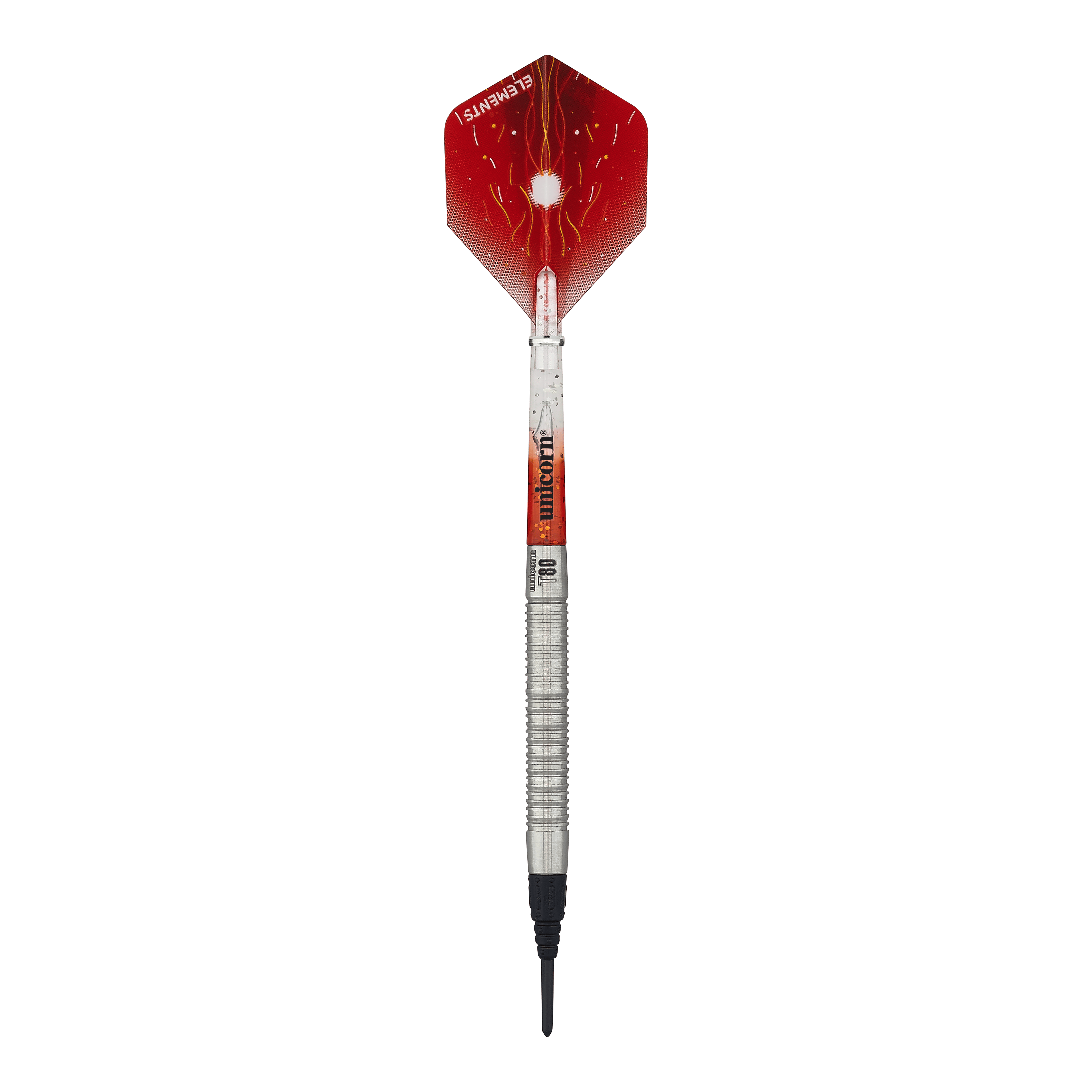 Unicorn Core XL Striker Style 1 Soft Darts - 19g Auf dem Bild ist ein Softdart der Marke Unicorn Core XL Striker Style 1 mit einem Gewicht von 19g zu sehen. Die Flights sind rot mit einem weißen Muster, und der Schaft ist silbern.
