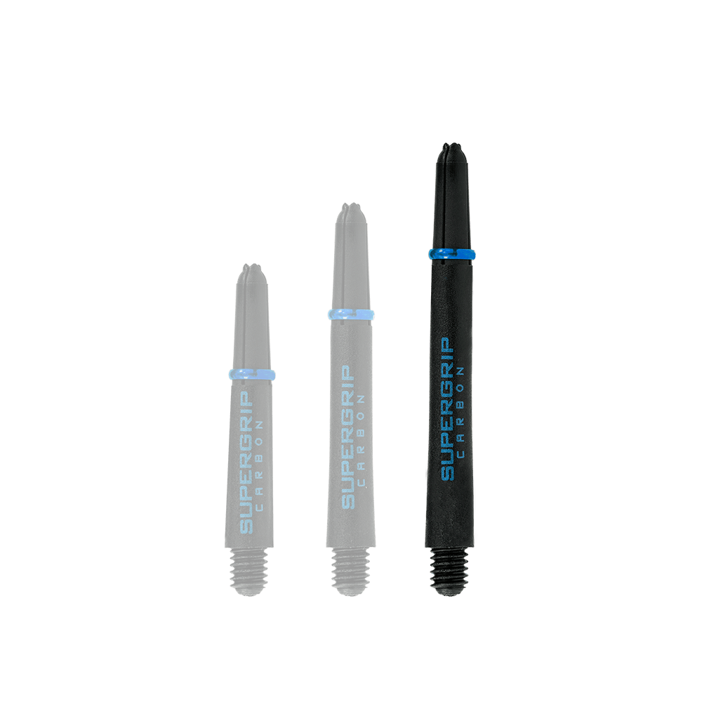 HR365_Harrows_Supergrip_Carbon_Shafts_Aqua_47mm_1 Das Bild zeigt drei Harrows Supergrip Carbon Shafts in der Farbe Aqua. Die Shafts sind unterschiedlich lang und stehen nebeneinander.