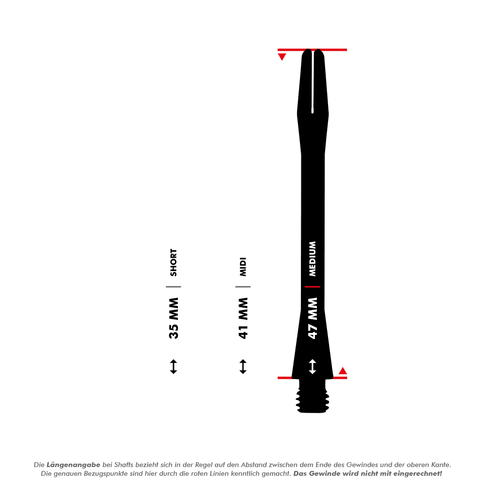HR366_Harrows_Keramic_Shafts_5_47mm Das Bild zeigt drei verschiedene Längen der Harrows Keramic Shafts - Gun Metal: Short (35 mm), Midi (41 mm) und Medium (47 mm). Die Längen werden durch Pfeile und rote Markierungen verdeutlicht, wobei das Gewinde nicht mit eingerechnet ist.