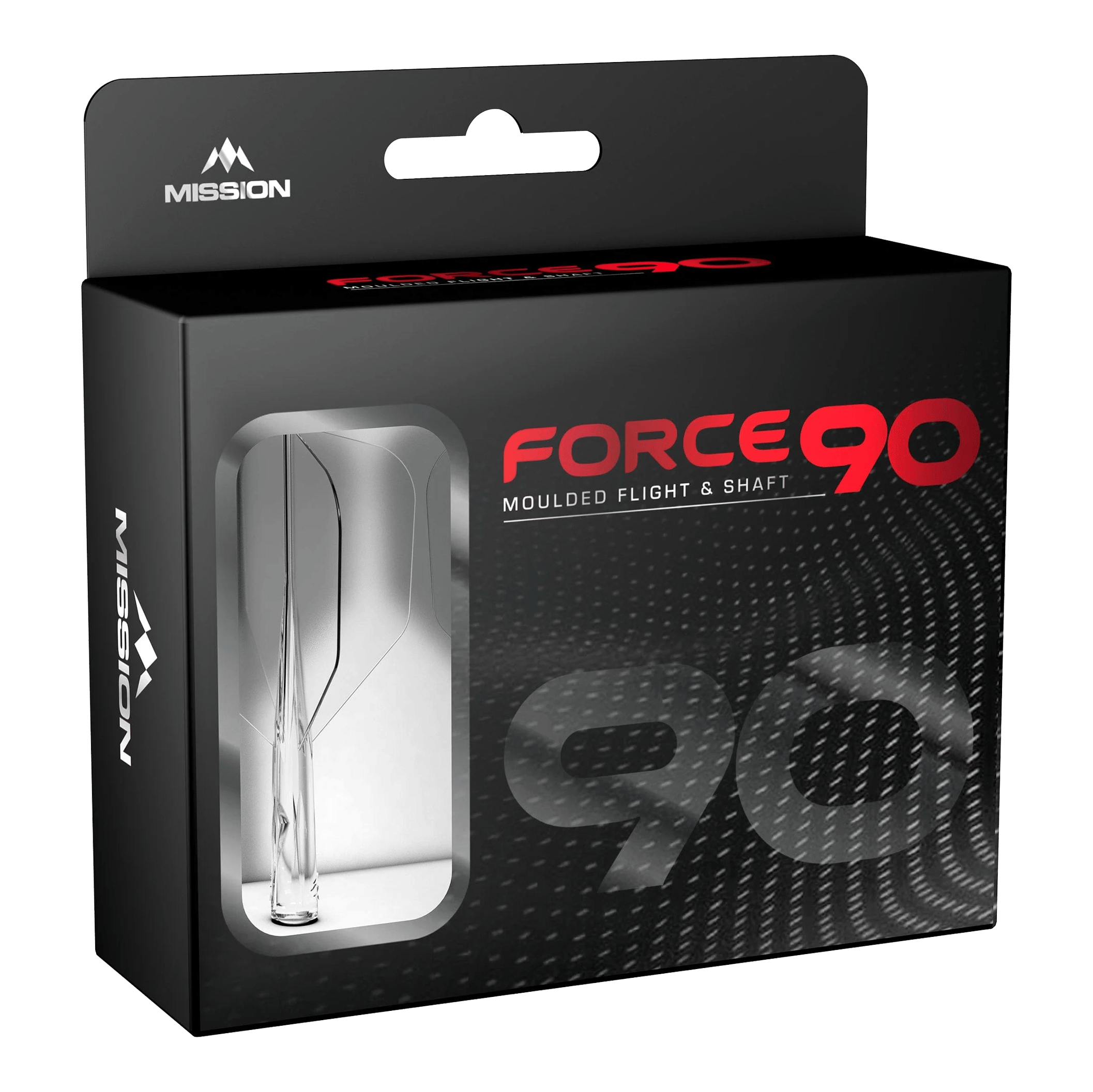 Mission Force 90 No6 Flight Shaft System - Clear Die Abbildung zeigt die Verpackung des Produkts „Mission Force 90 No6 Flight-Shaft-System - Clear“. In der schwarzen Box mit Sichtfenster ist das transparente Flight-Shaft-System zu erkennen.