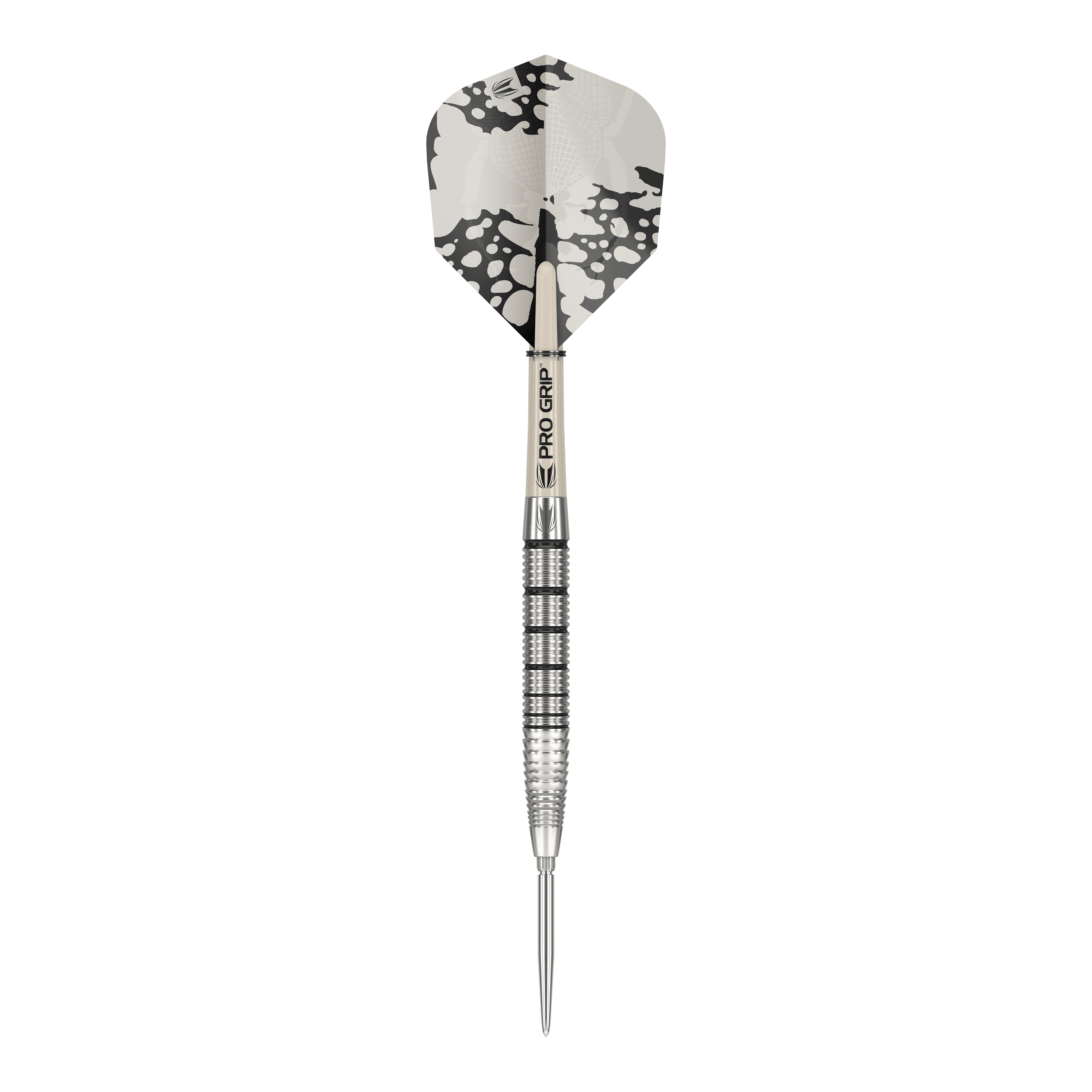 Target EXO SP02 Swiss Point steel darts Das Bild zeigt einen Target EXO SP02 Swiss Point Steeldart. Der Dartpfeil hat ein silbernes Griffstück mit schwarzen Rillen und eine schwarz-weiße Flight.