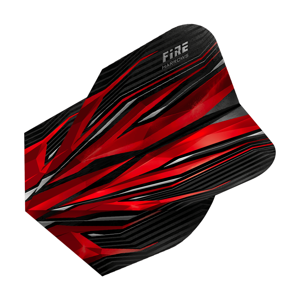 HR1_Harrows_Fire_Red_Standard_Flights_2 Das Bild zeigt das Produkt "Harrows Fire Red Standard Flights". Das Design ist überwiegend rot und schwarz mit dynamischen, scharfen Linien.