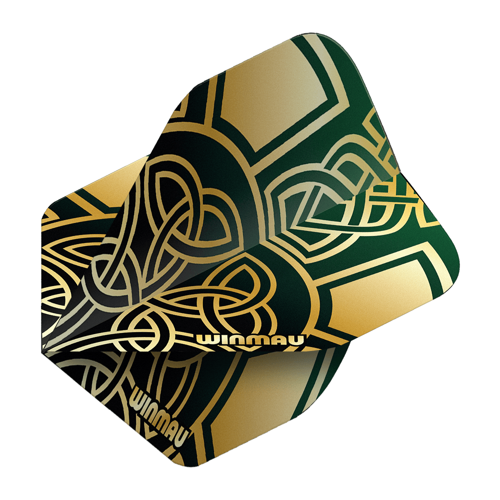 Gezeigt werden die Winmau Prism Delta Brendan Dolan Celtic Knot Black Gold No2 Standard Flights. Die Flights sind für Darts mit einem auffälligen keltischen Design gestaltet.