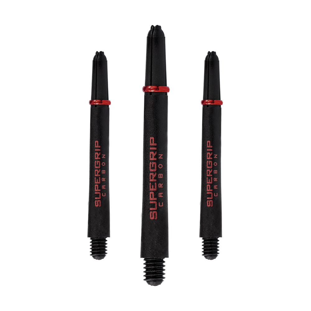 HR359_Harrows_Supergrip_Carbon_Shafts_Rot_47mm_1r6nxsmxQfR1hZ Das Bild zeigt drei schwarze Harrows Supergrip Carbon Shafts mit roten Akzenten. Auf den Schäften steht der Schriftzug „SUPERGRIP CARBON“ in roter Farbe.