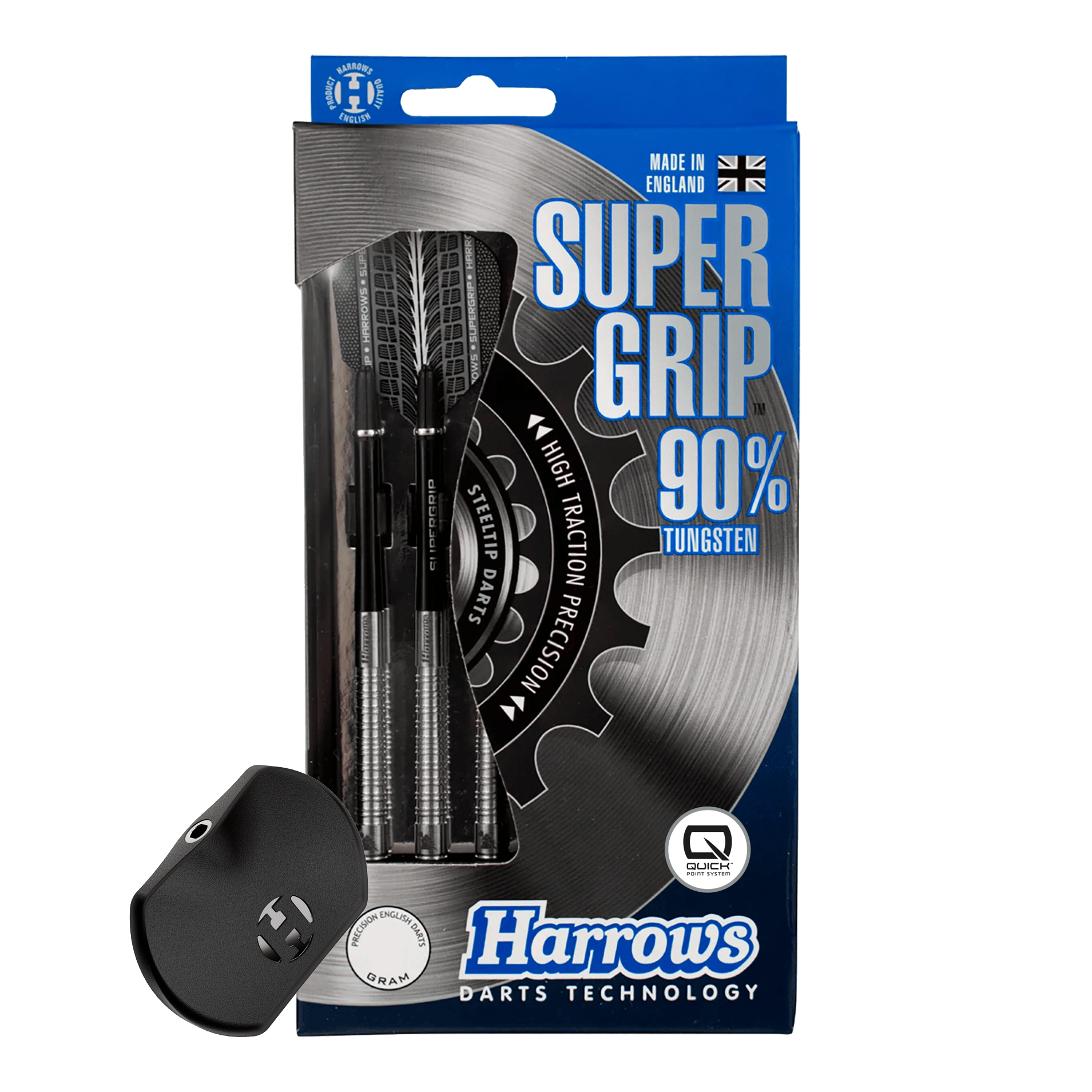 Harrows Supergrip 90 Quick Point Steel Darts Abgebildet ist der Harrows Supergrip 90 Quick Point Steeldarts. Die Dartpfeile sind detailliert dargestellt.
