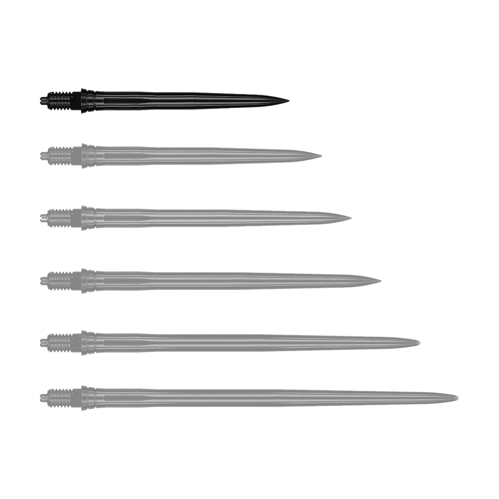 Caliburn EZ-EVO Dart Tips - Smooth - Black Das Bild zeigt schwarze Dartspitzen mit glatter Oberfläche, vermutlich 28 mm lang. Die Datei trägt den Namen EVO181_Caliburn_EZ-EVO_Dartspitzen_Smooth_Schwarz_28mm_1.