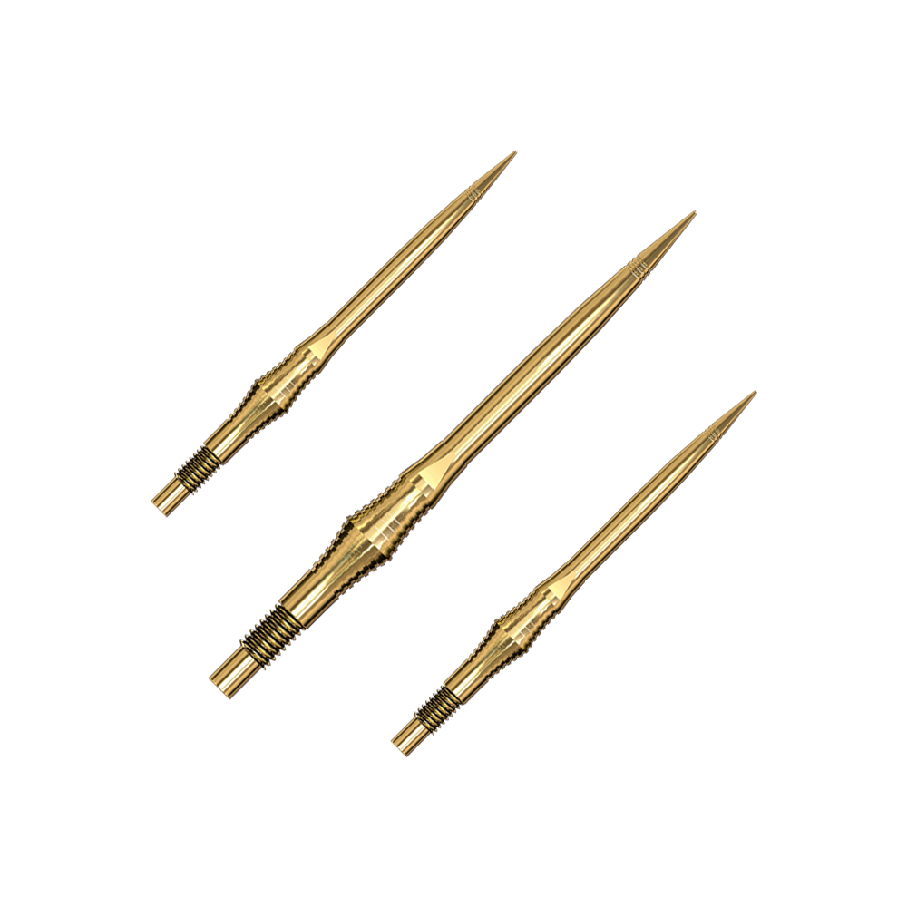 Harrows Quick Point Spire Elite Series Dartspitzen - Gold Goldene Dartspitzen sind im Set abgebildet. Die Spitzen leuchten metallisch.