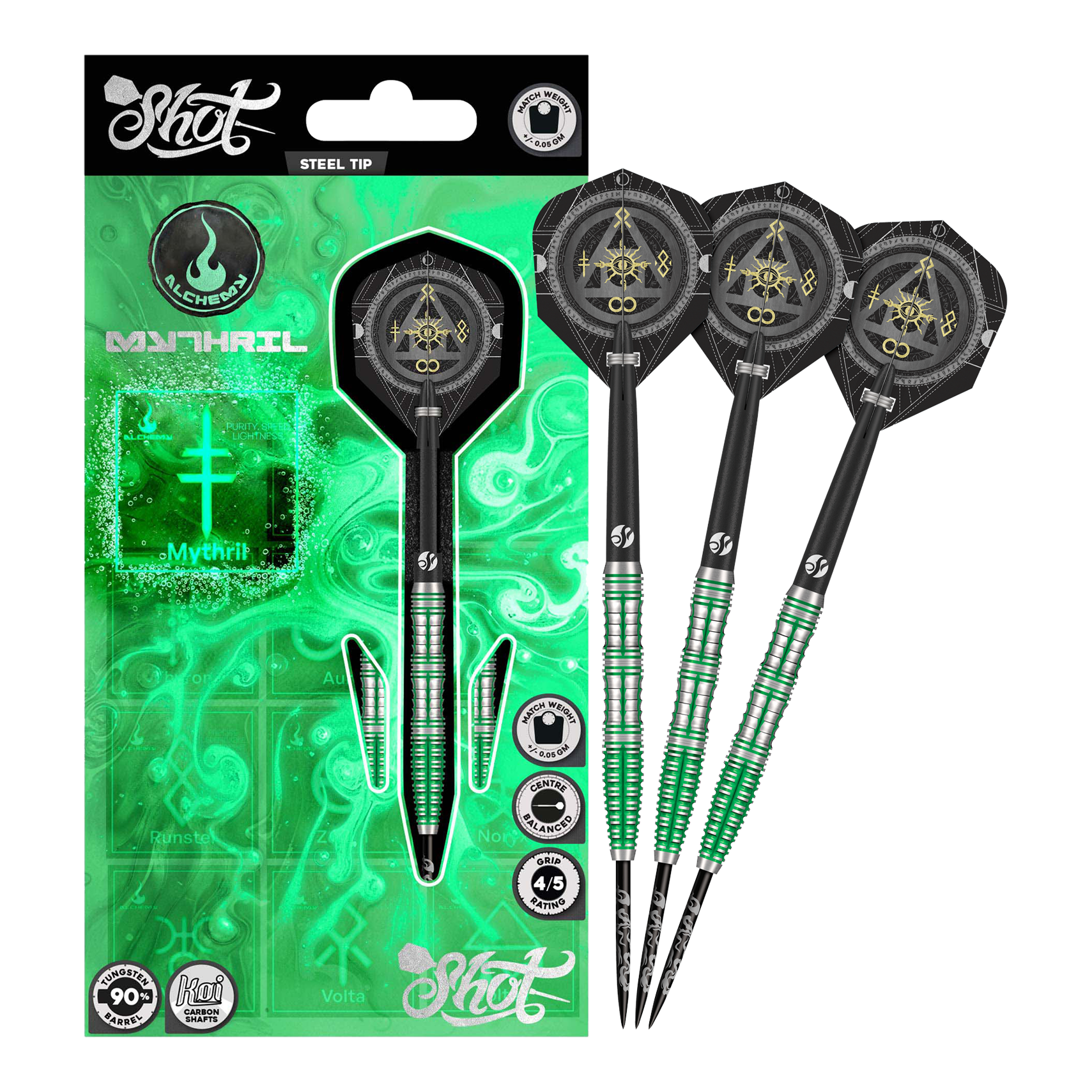 Auf dem Bild sind die Shot Alchemy Mythril Steeldarts komplett zu sehen. Sie überzeugen durch ihre edle Optik.