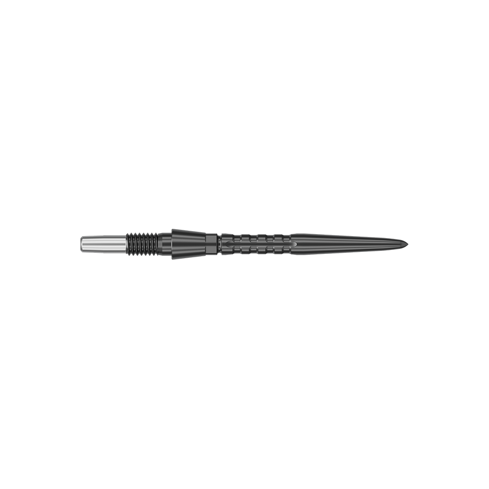 Target Swiss Point Storm Surge Steel Dart Tips - Black Das Bild zeigt eine schwarze Dartspitze aus Metall mit einer strukturierten Oberfläche. Die Spitze ist lang und schmal, mit einem silbernen Abschnitt am Ende.