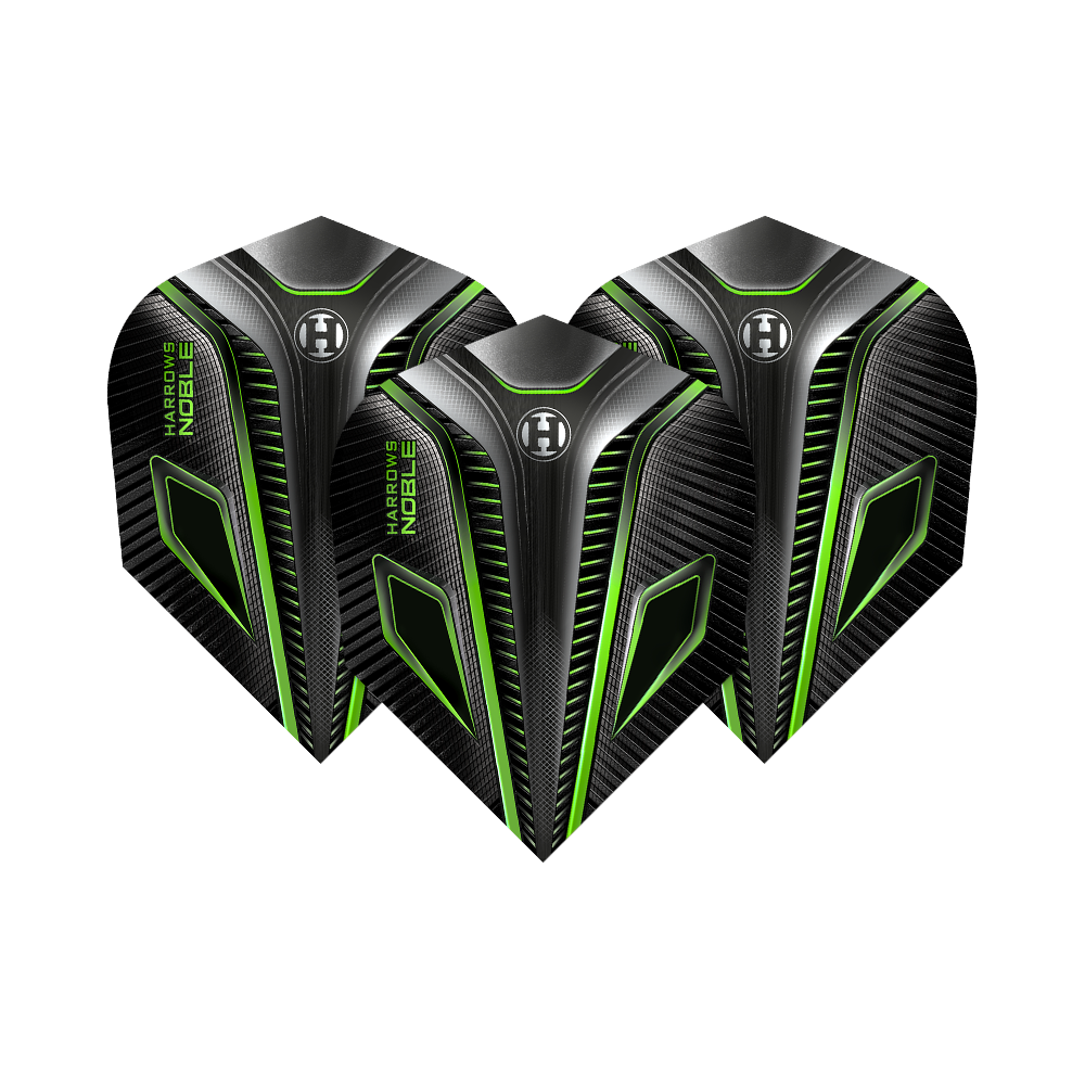 HR8_Harrows_Noble_Green_Standard_Flights_12dYcfFXmOCseu Harrows Noble Standard Flights mit Emblem im Mittelpunkt. Die Flights sind im Set zu sehen.