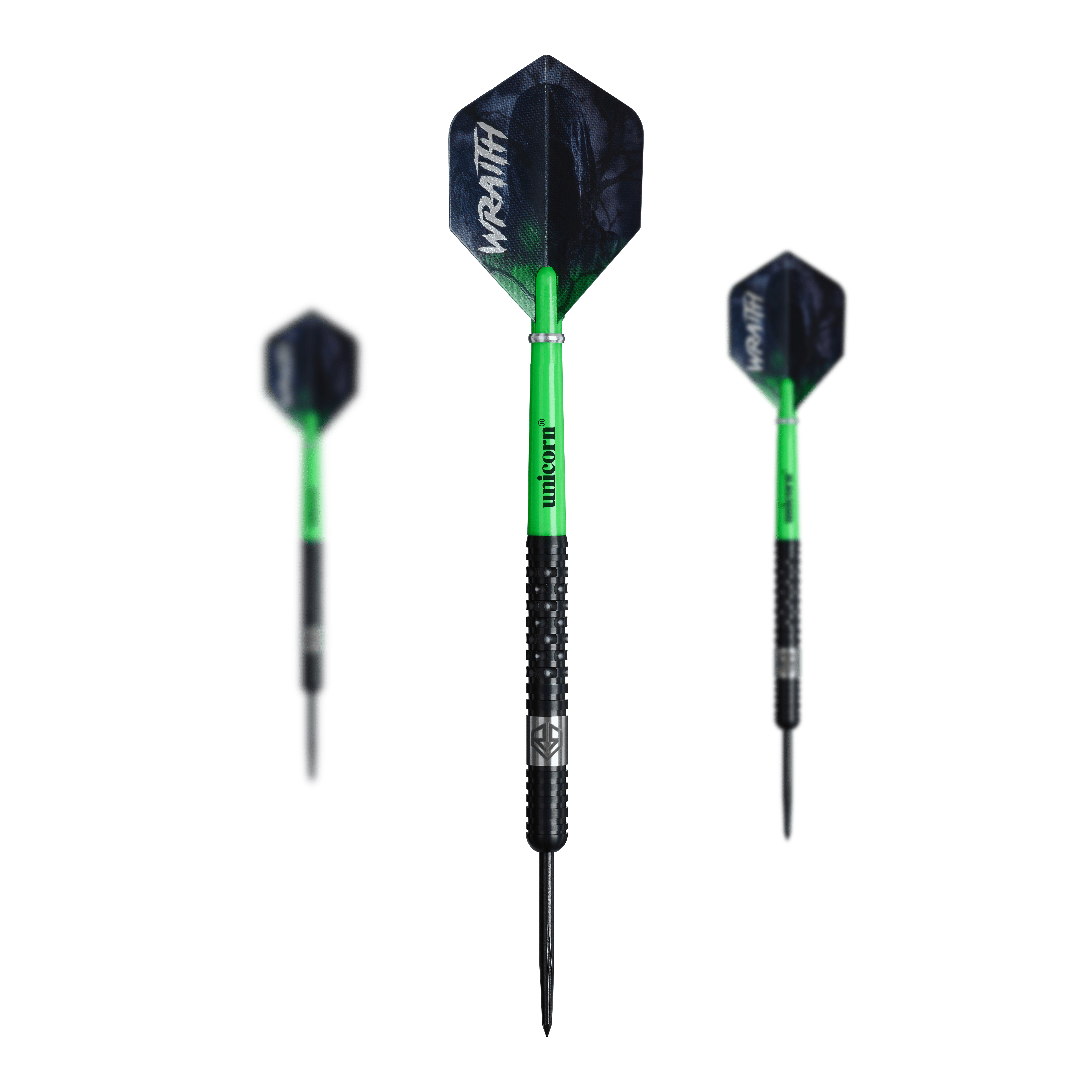 Unicorn Wraith Ross Smith Steeldarts mit einem Gewicht von 22g sind abgebildet. Die Darts sind für das Steeldartspiel geeignet.